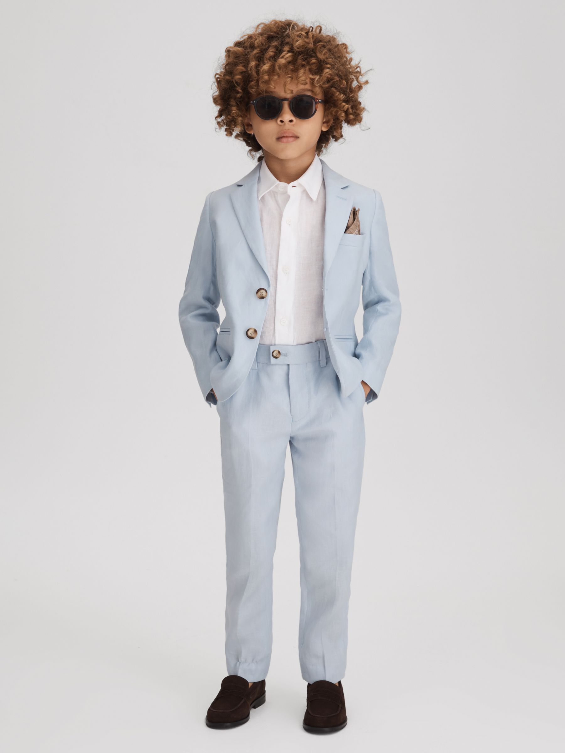 Junior Slim Fit Single Breasted Linen Blazer in Soft Blue - Image 3 of 6