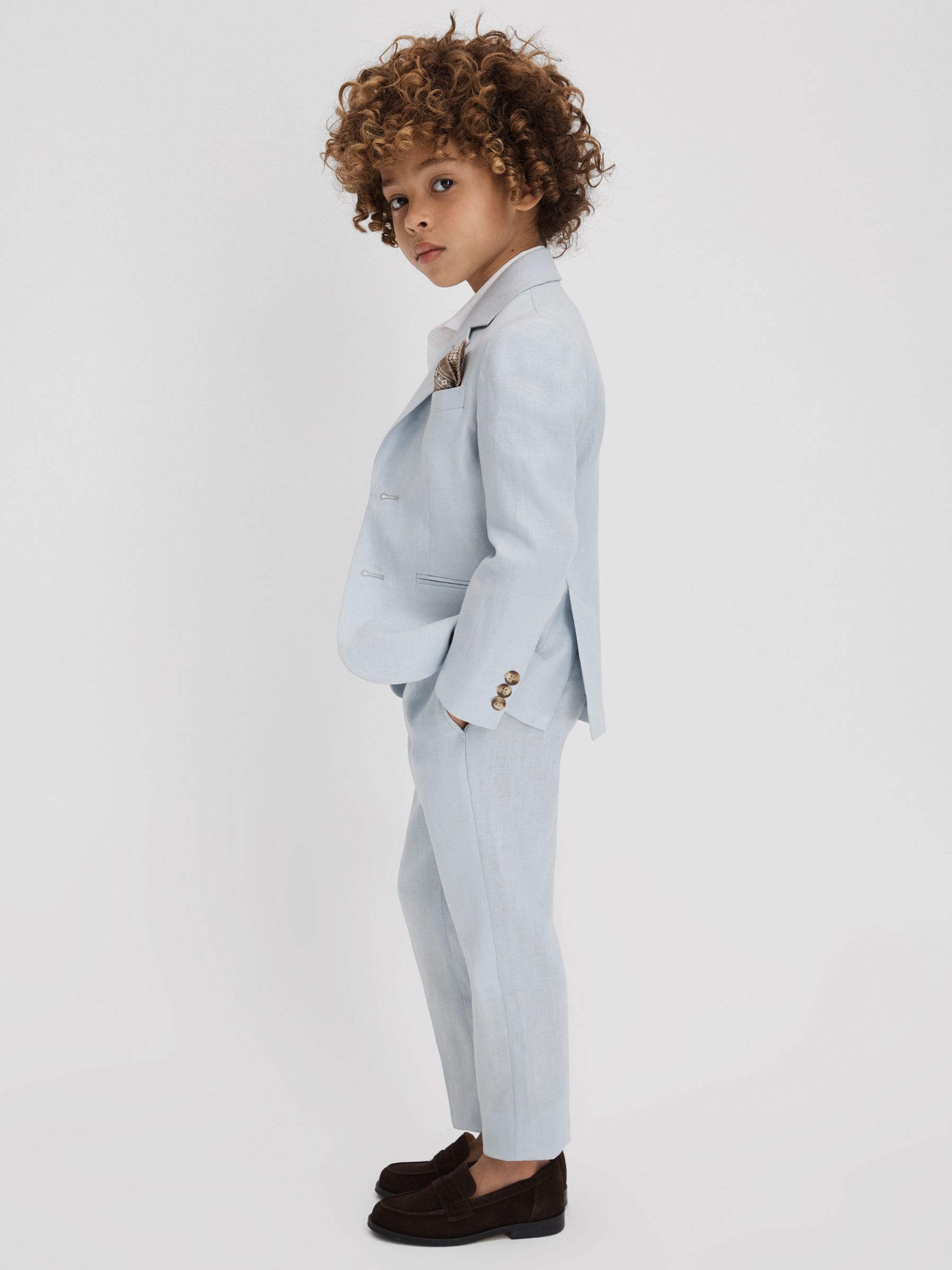 Junior Slim Fit Single Breasted Linen Blazer in Soft Blue - Image 5 of 6