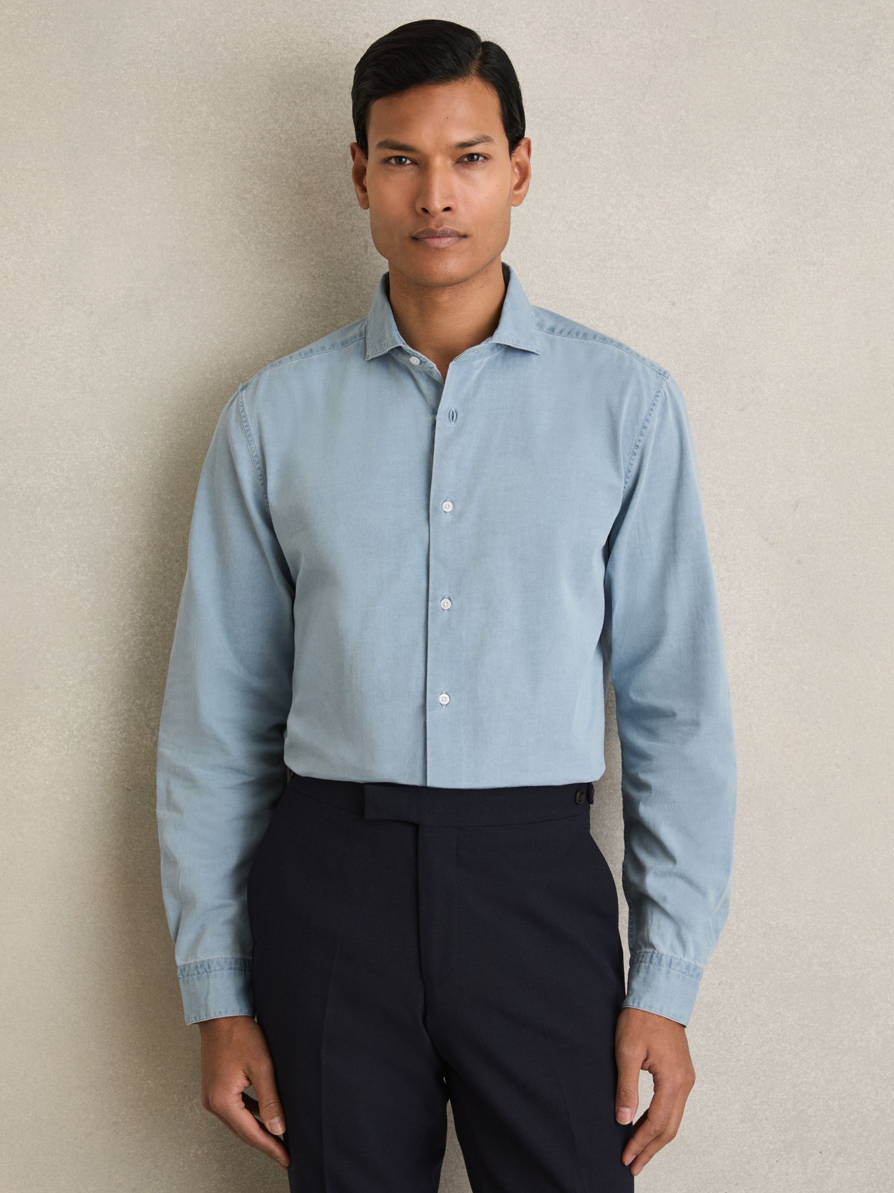 Washed Chambray Button-Through Shirt in Blue - Image 1 of 7