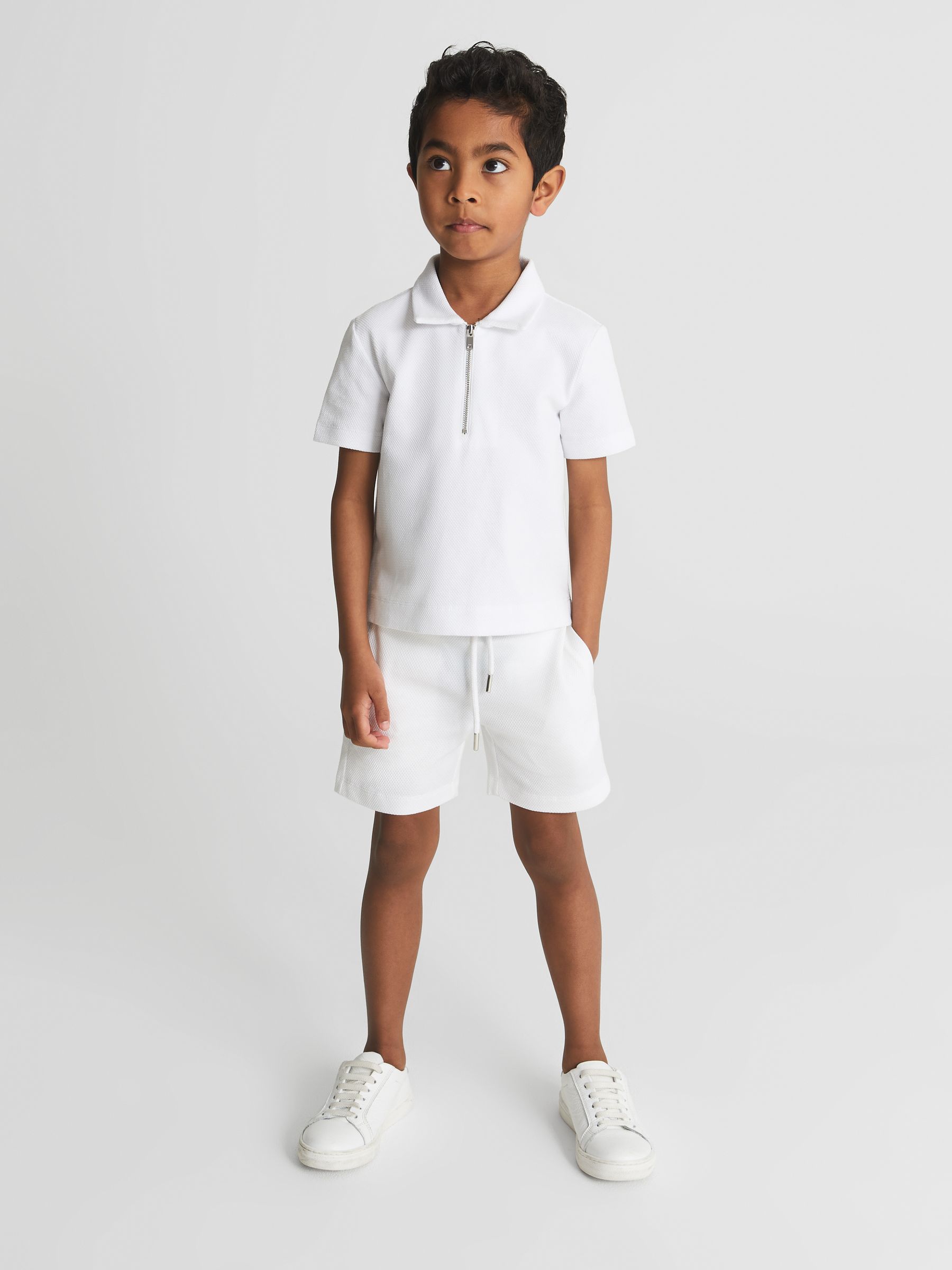 Half Zip Textured Polo T-Shirt in White - Image 1 of 5