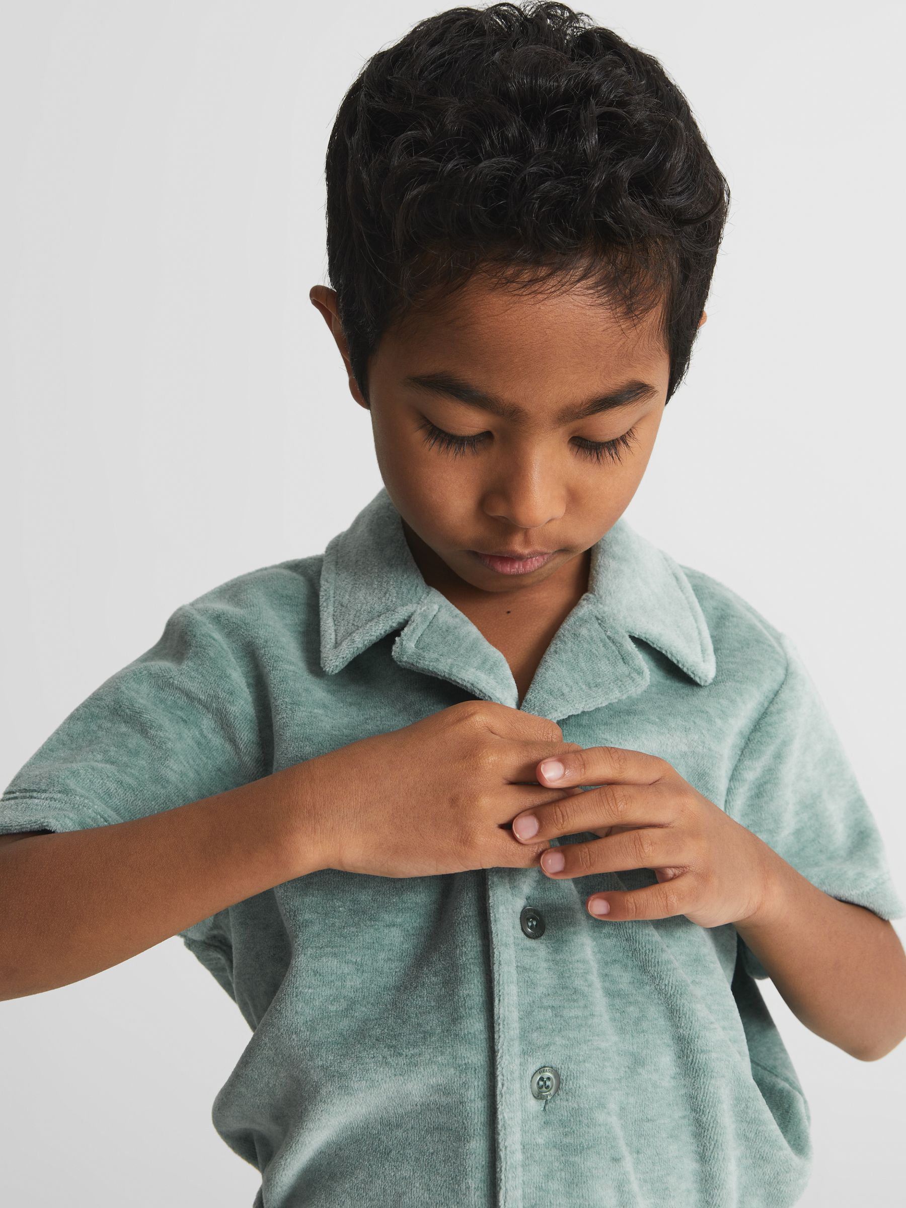 Towelling Cuban Collar Shirt in Sage - Image 1 of 5 Towelling Cuban Collar Shirt in Sage - Image 1 of 5