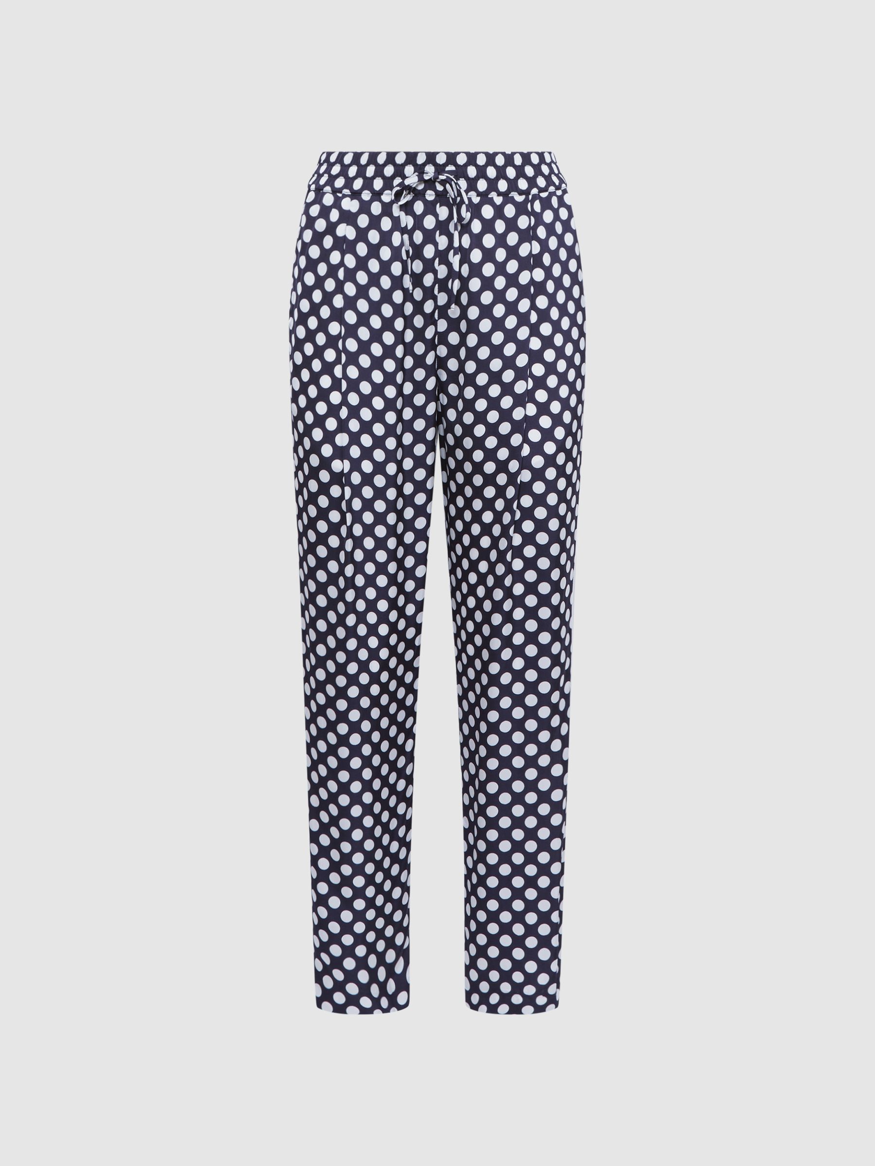Petite Polka Dot Drawstring Tapered Trousers in Navy/White - Image 2 of 6 Petite Polka Dot Drawstring Tapered Trousers in Navy/White - Image 2 of 6