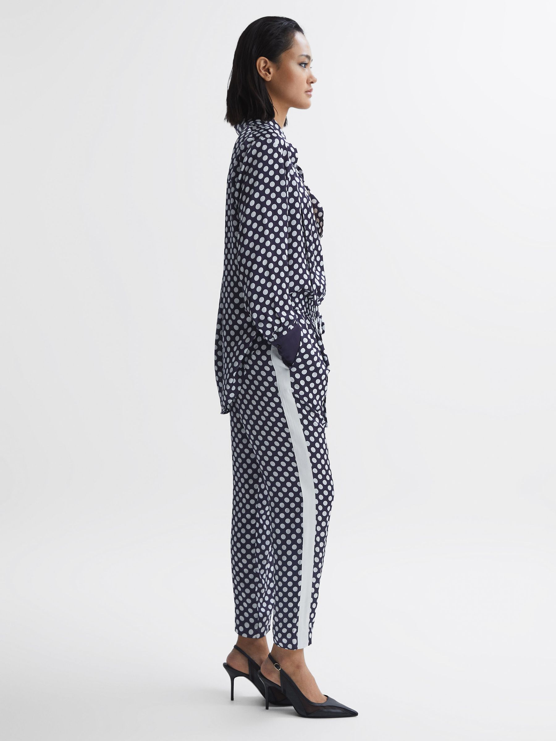 Petite Polka Dot Drawstring Tapered Trousers in Navy/White - Image 3 of 6