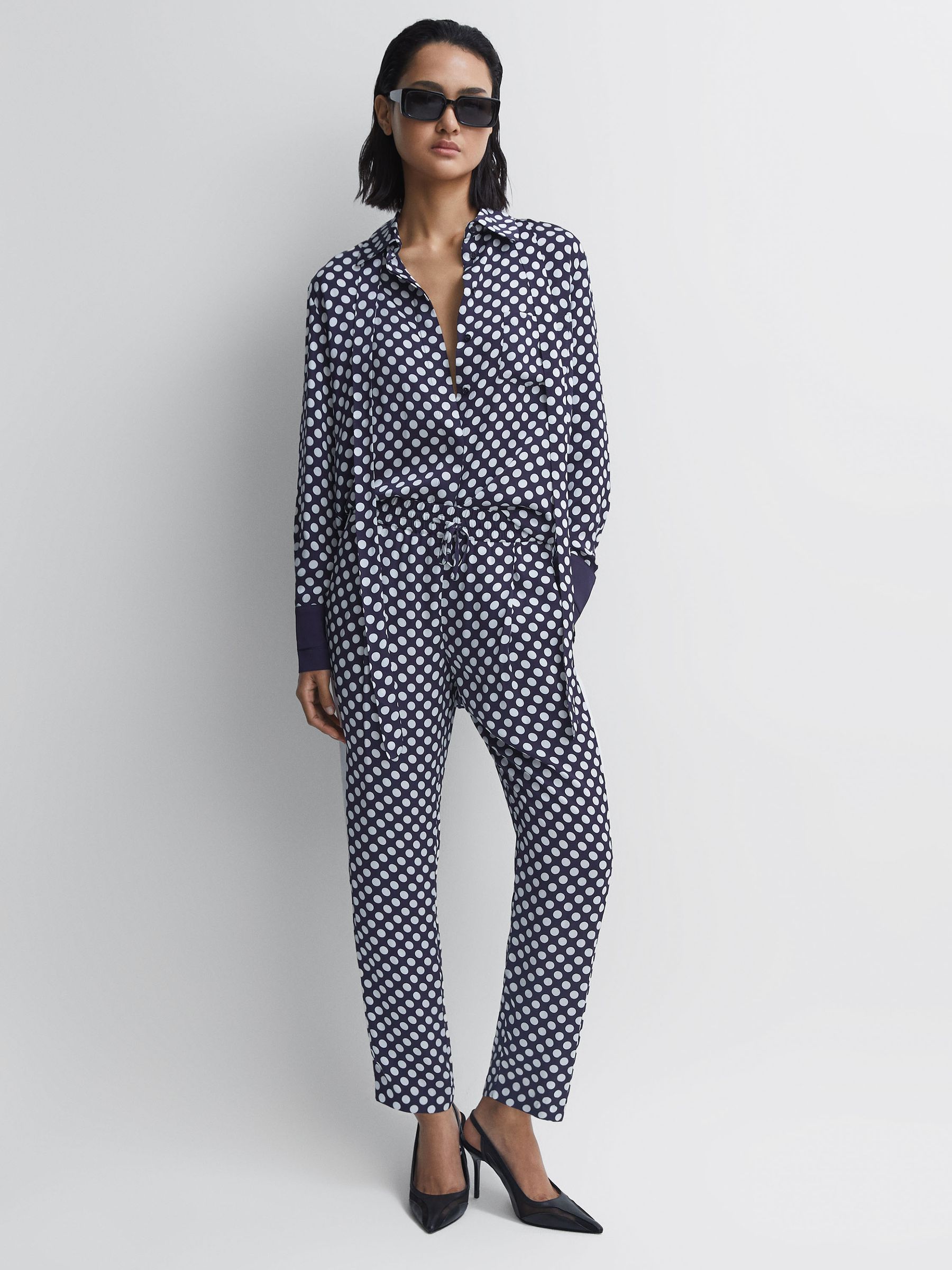 Petite Polka Dot Drawstring Tapered Trousers in Navy/White - Image 4 of 6