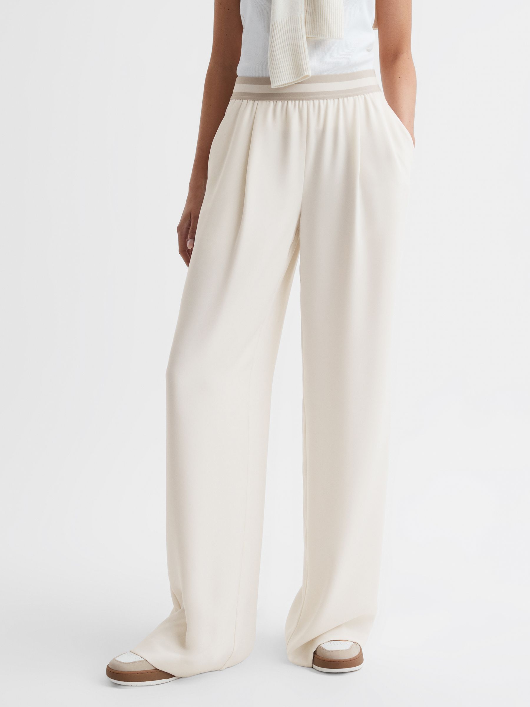 Petite Wide Leg Elasticated Trousers in Neutral - Image 1 of 6 Petite Wide Leg Elasticated Trousers in Neutral - Image 1 of 6