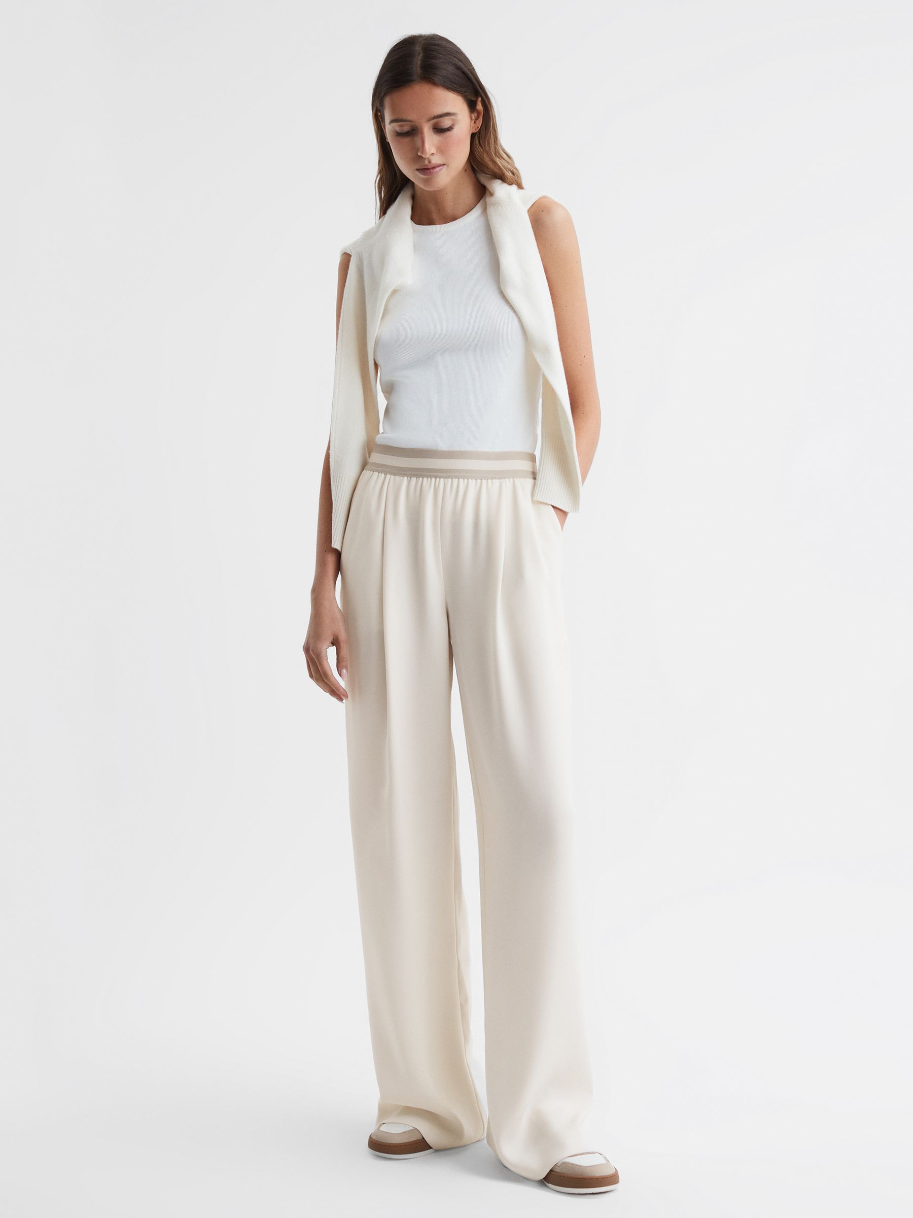 Petite Wide Leg Elasticated Trousers in Neutral - Image 3 of 6