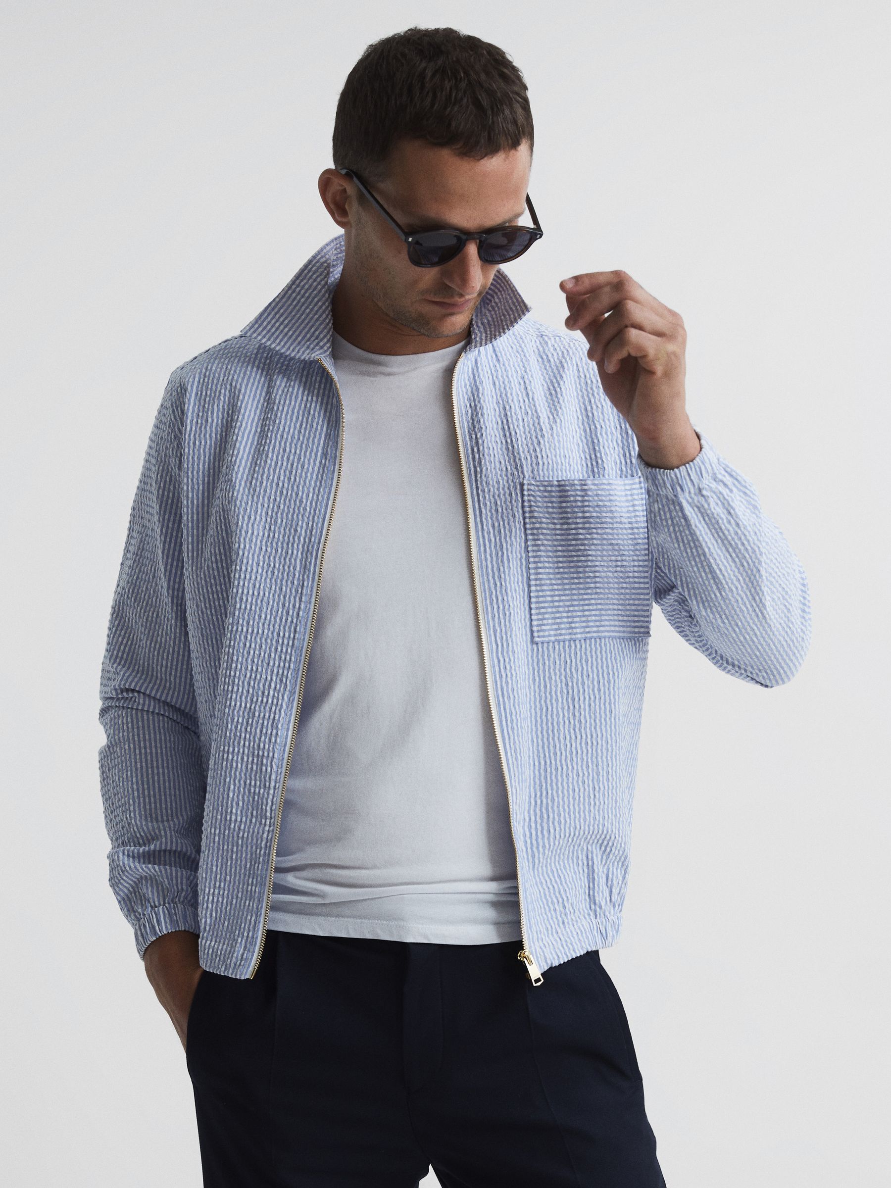 Striped Seersucker Overshirt in White/Soft Blue - Image 1 of 5 Striped Seersucker Overshirt in White/Soft Blue - Image 1 of 5