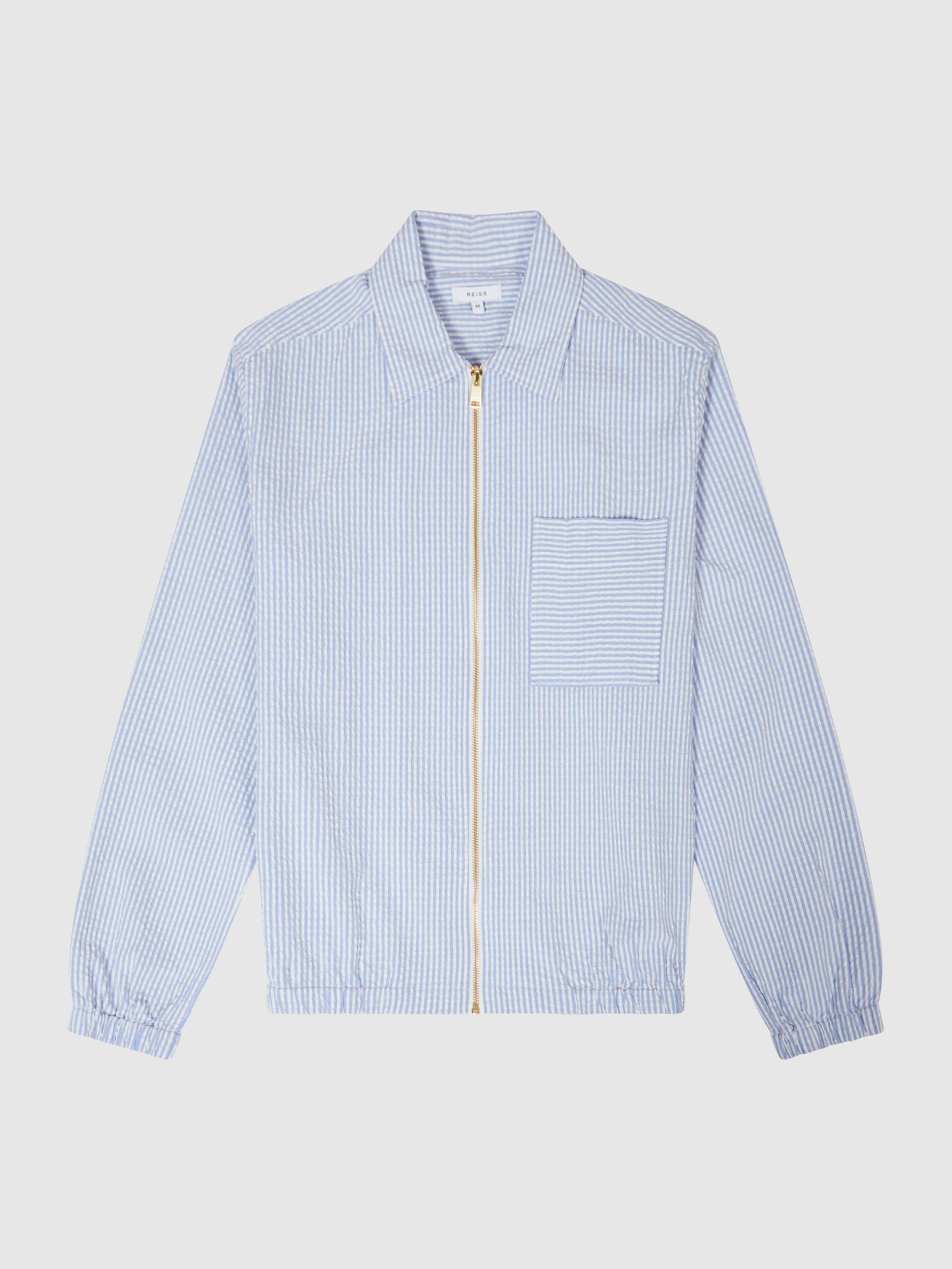 Striped Seersucker Overshirt in White/Soft Blue - Image 2 of 5 Striped Seersucker Overshirt in White/Soft Blue - Image 2 of 5