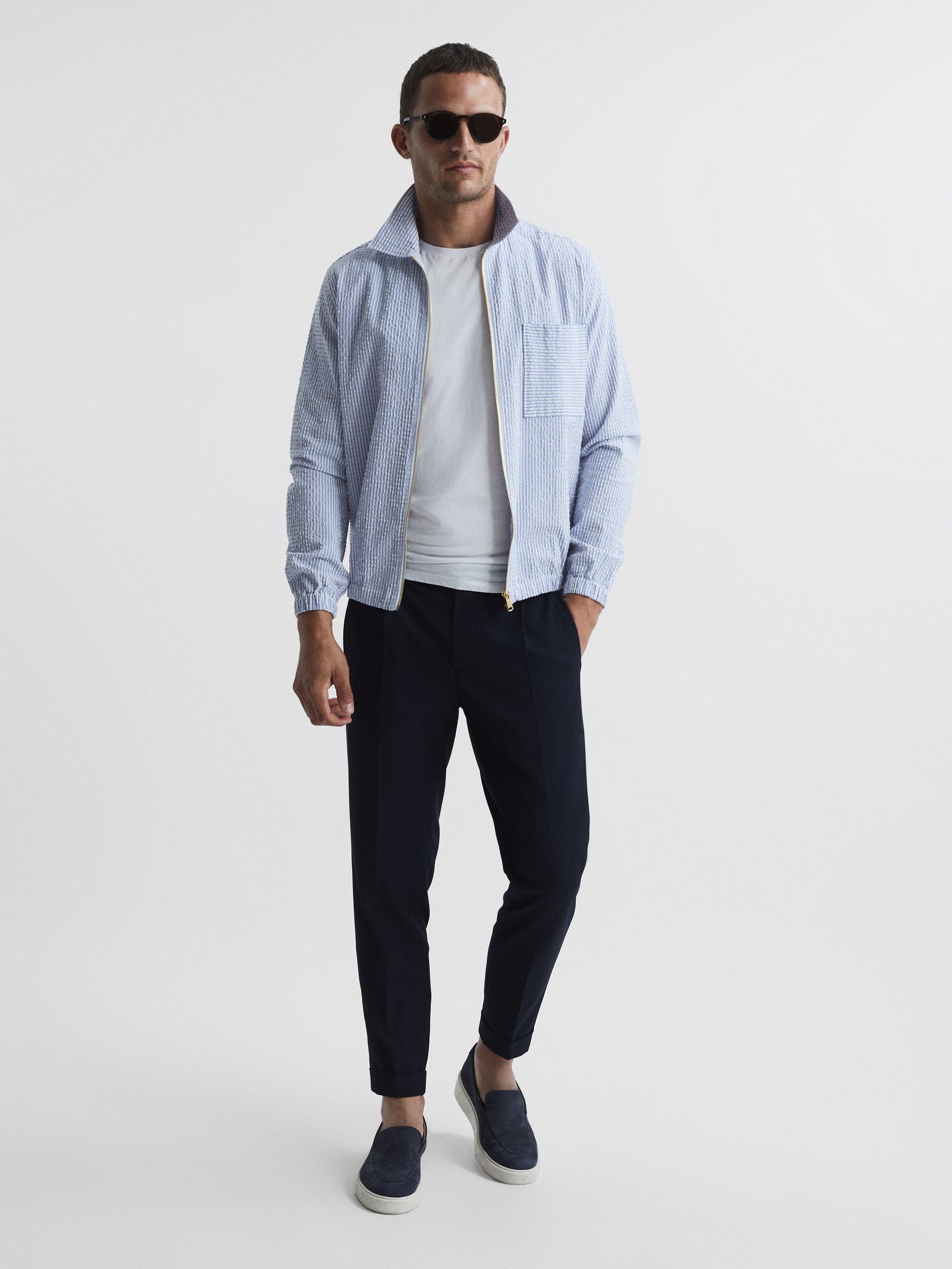 Reiss Striped Seersucker Overshirt in White/Soft Blue | REISS