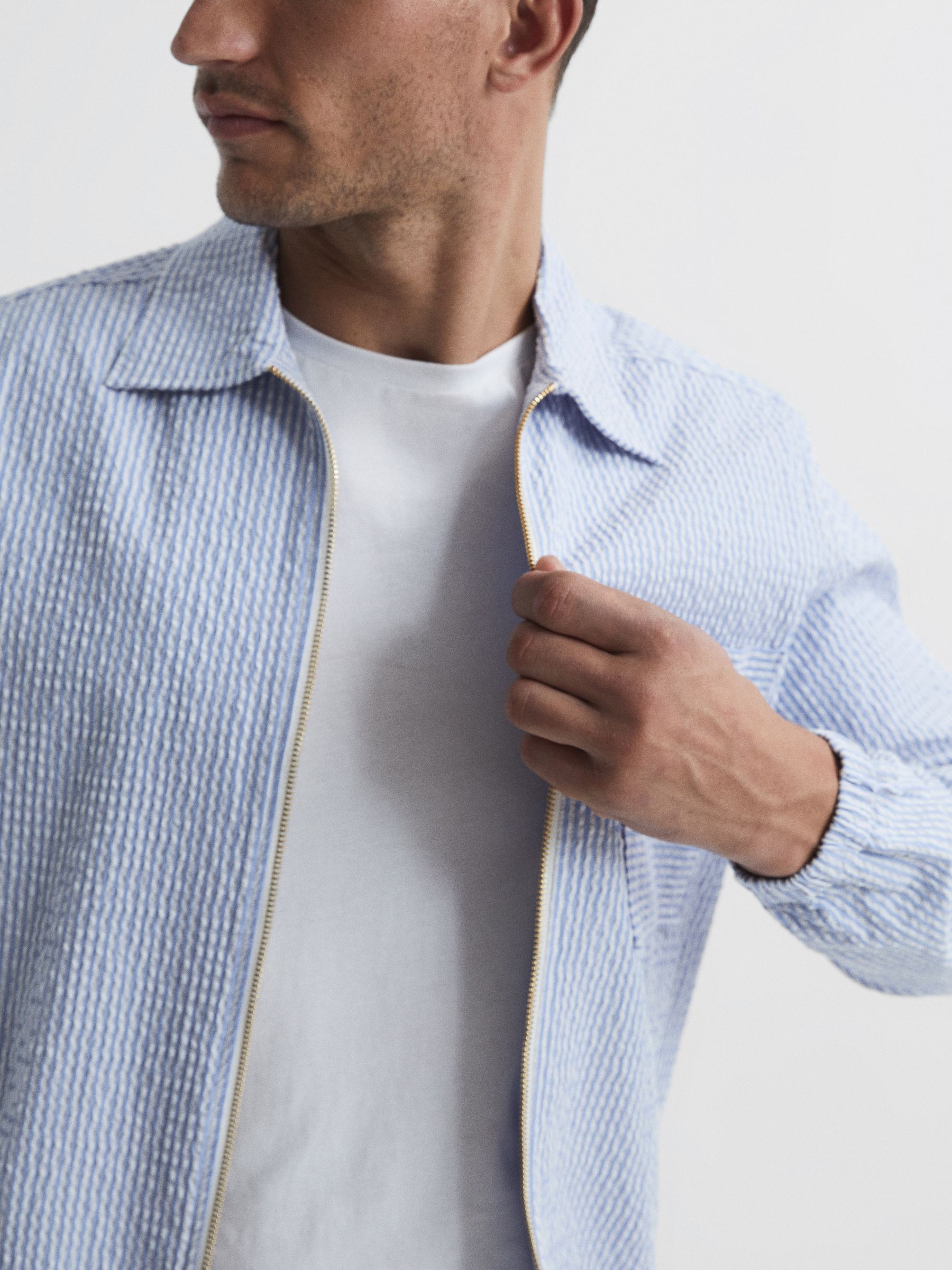 Striped Seersucker Overshirt in White/Soft Blue - Image 4 of 5