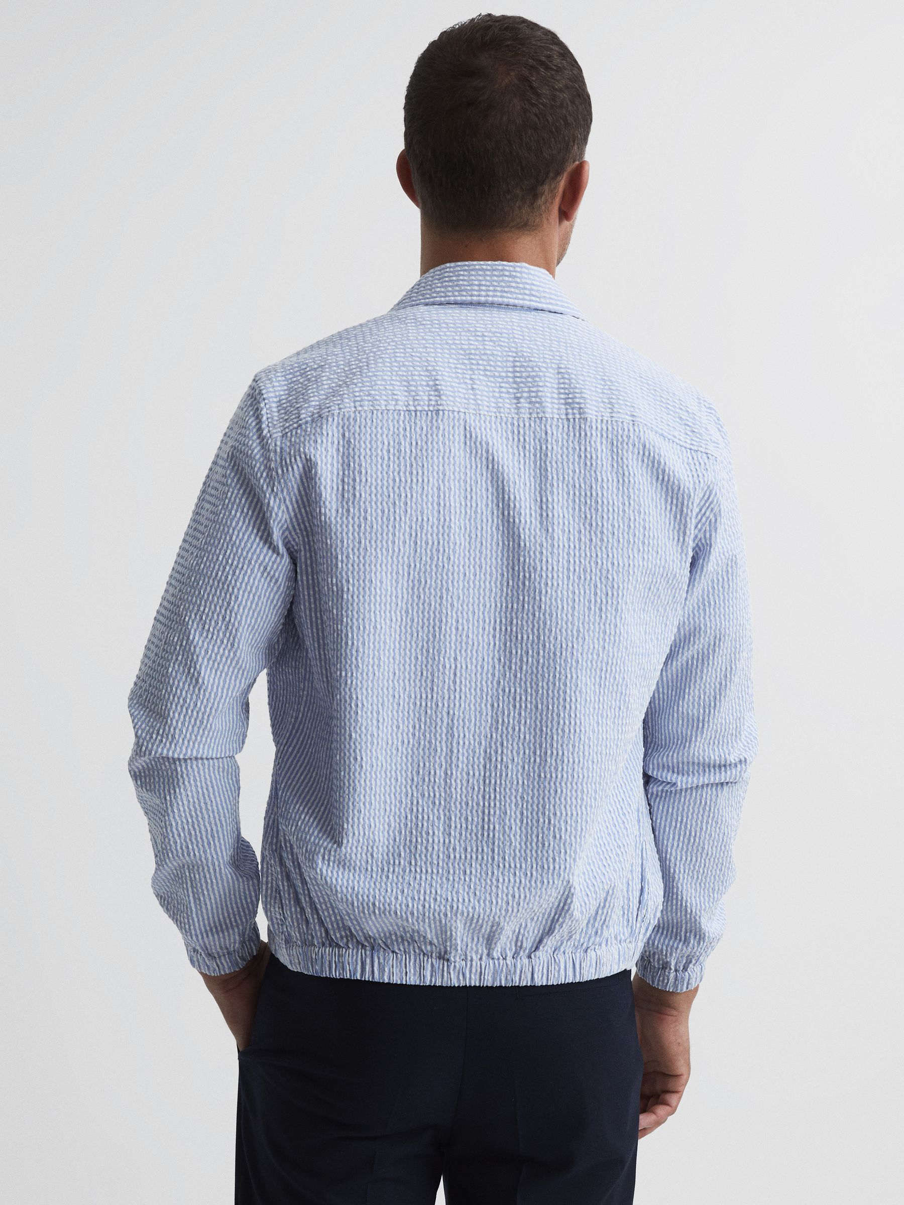 Reiss Striped Seersucker Overshirt in White/Soft Blue | REISS