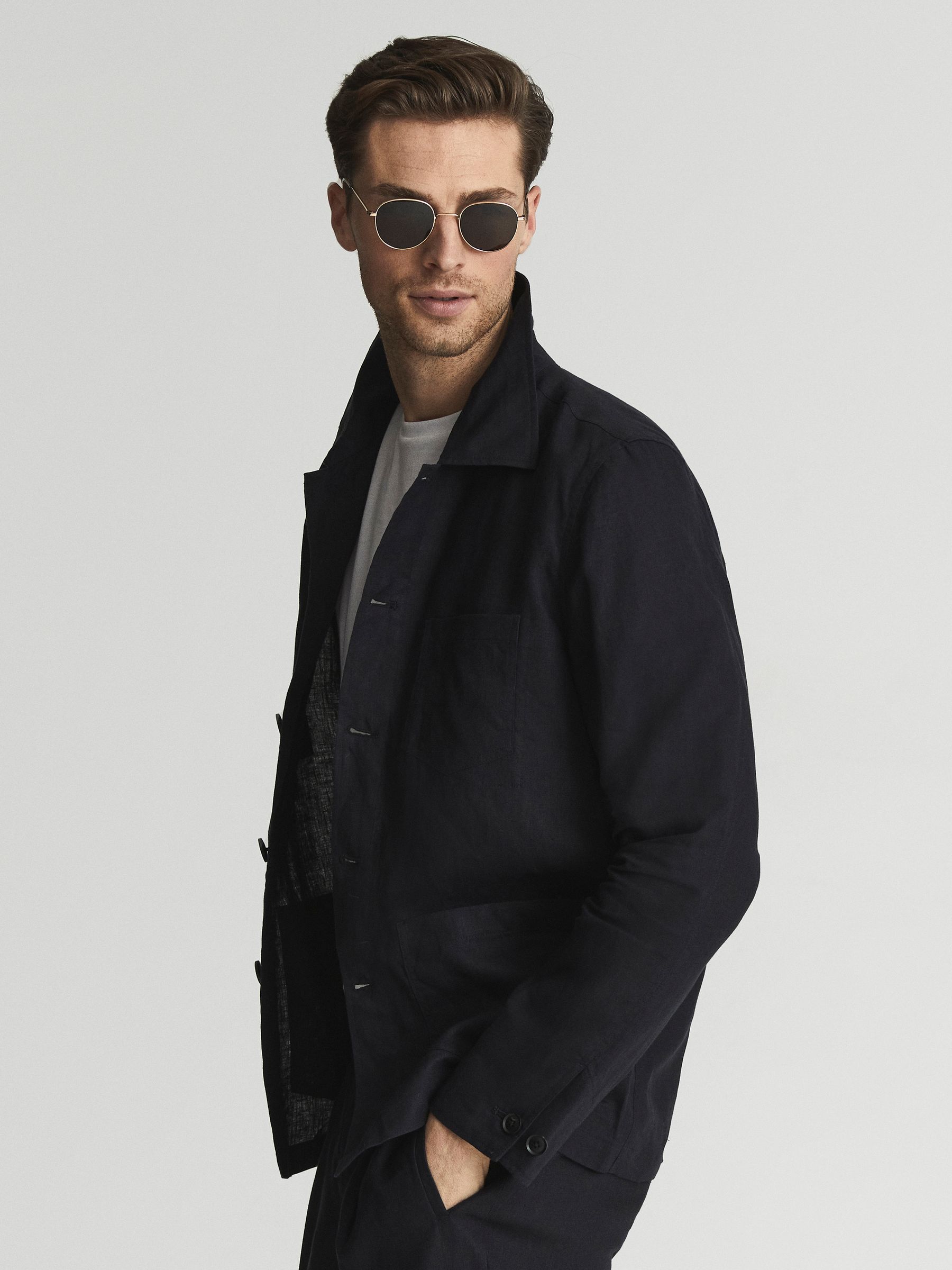 Linen Worker Jacket in Navy - Image 3 of 7