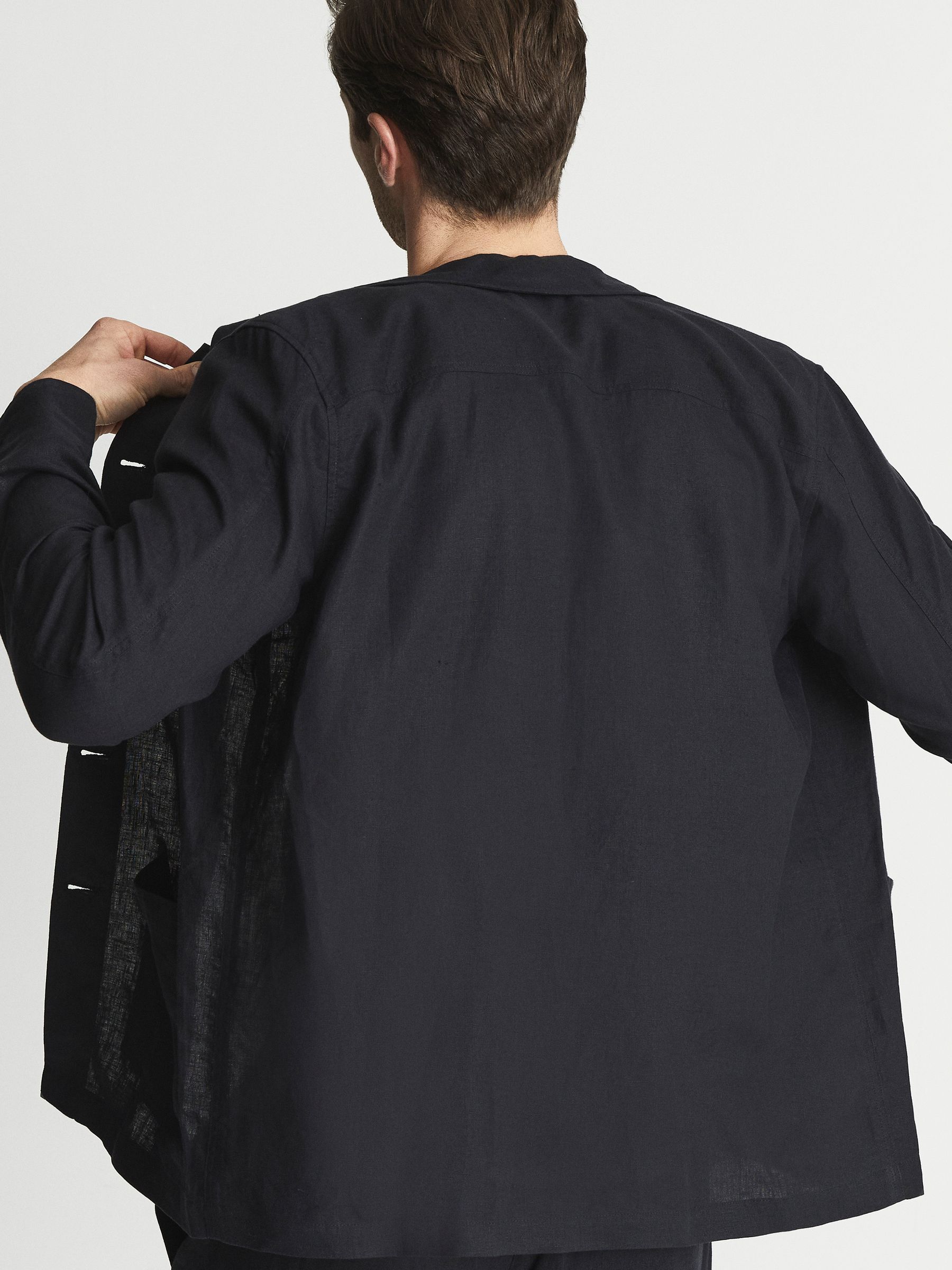 Linen Worker Jacket in Navy - Image 4 of 7