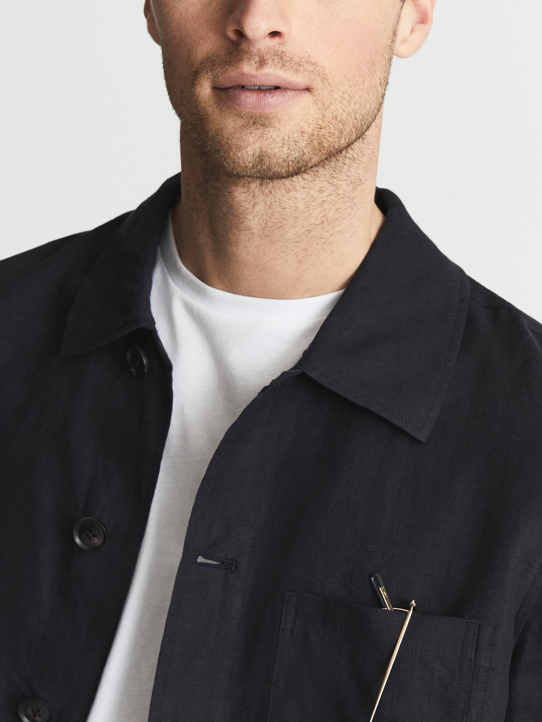 Linen Worker Jacket in Navy - Image 6 of 7