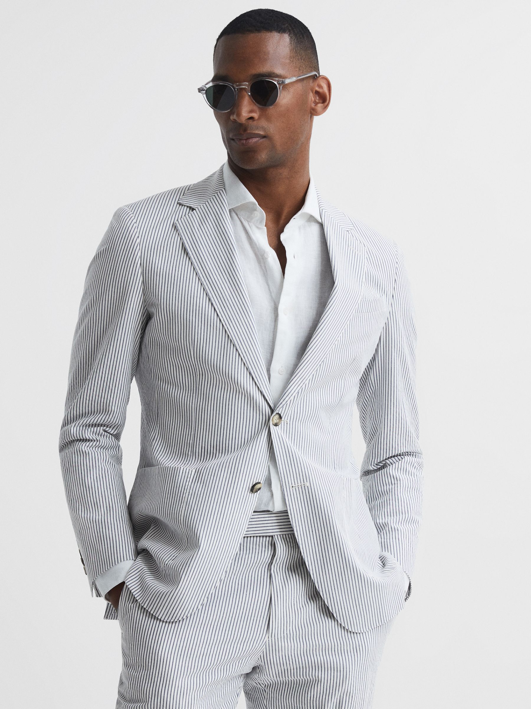 Barr Blue/White Single Breasted Seersucker Slim Fit Blazer - Image 1 of 10