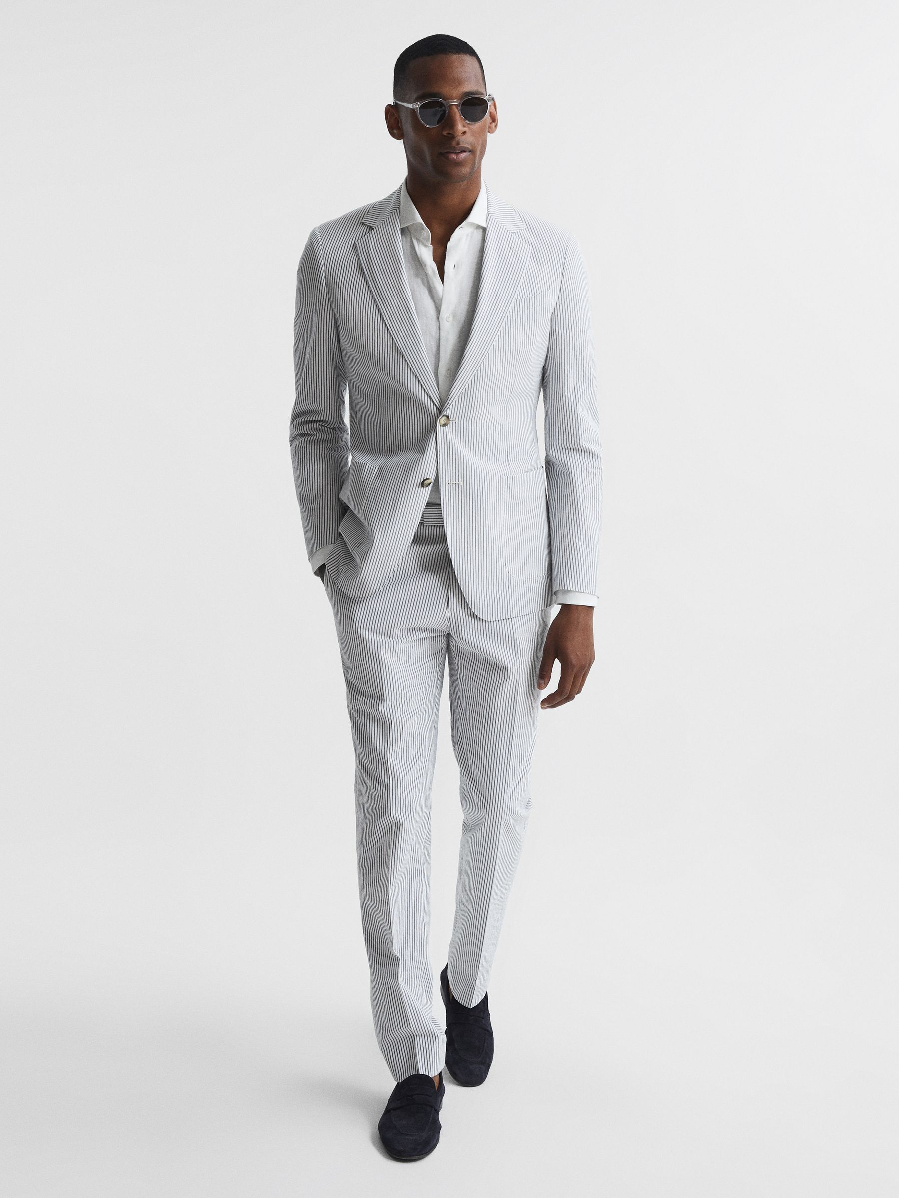 Barr Blue/White Single Breasted Seersucker Slim Fit Blazer - Image 3 of 10