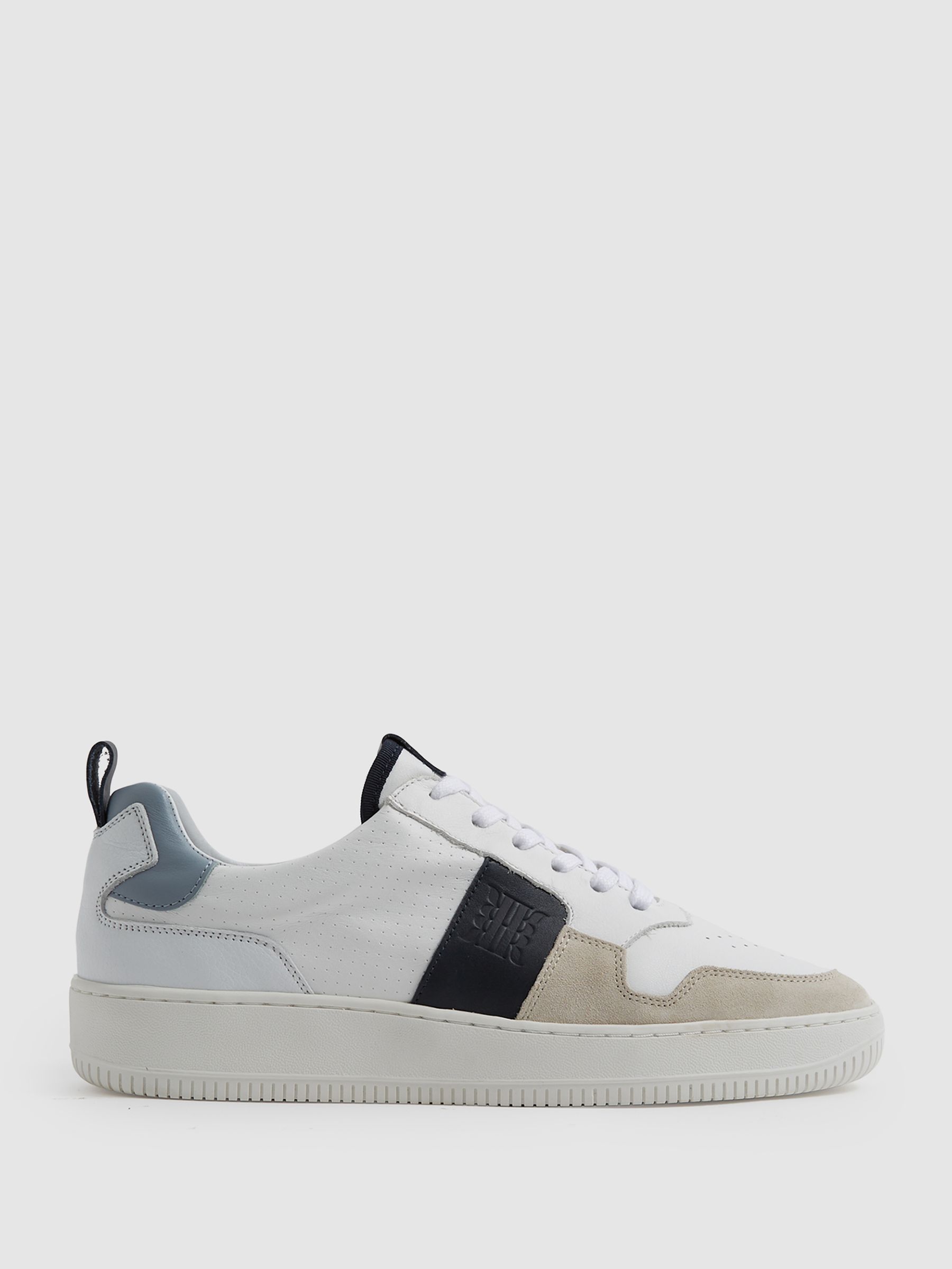 Mid Top Leather Trainers in White/Blue Mix - Image 1 of 7