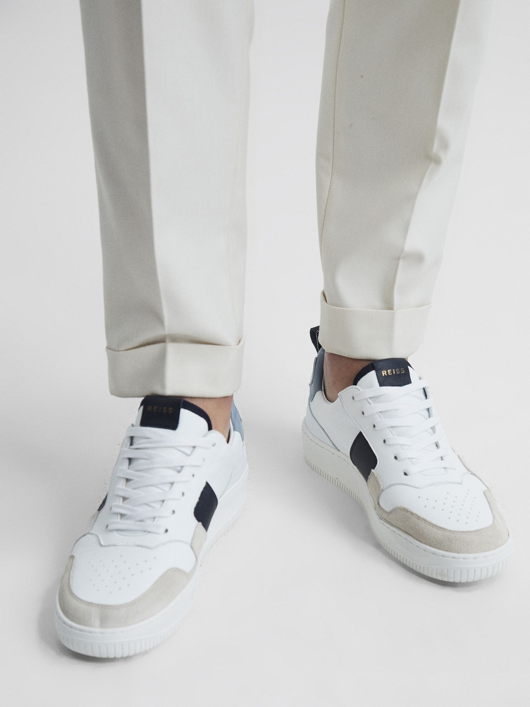 Mid Top Leather Trainers in White/Blue Mix - Image 2 of 7