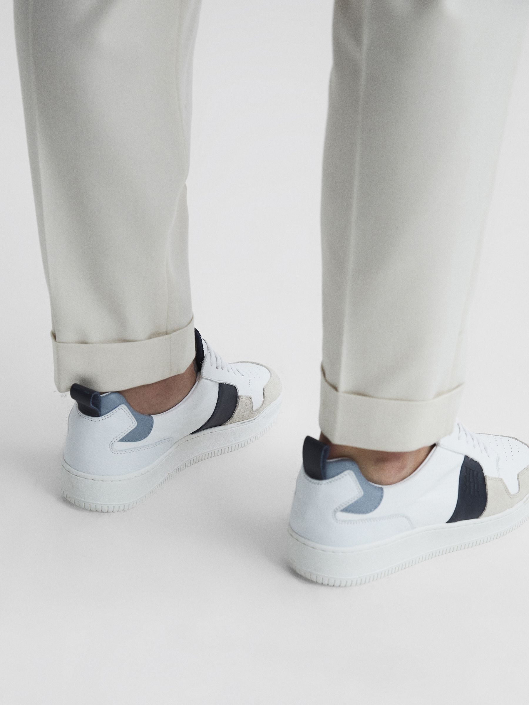 Mid Top Leather Trainers in White/Blue Mix - Image 3 of 7