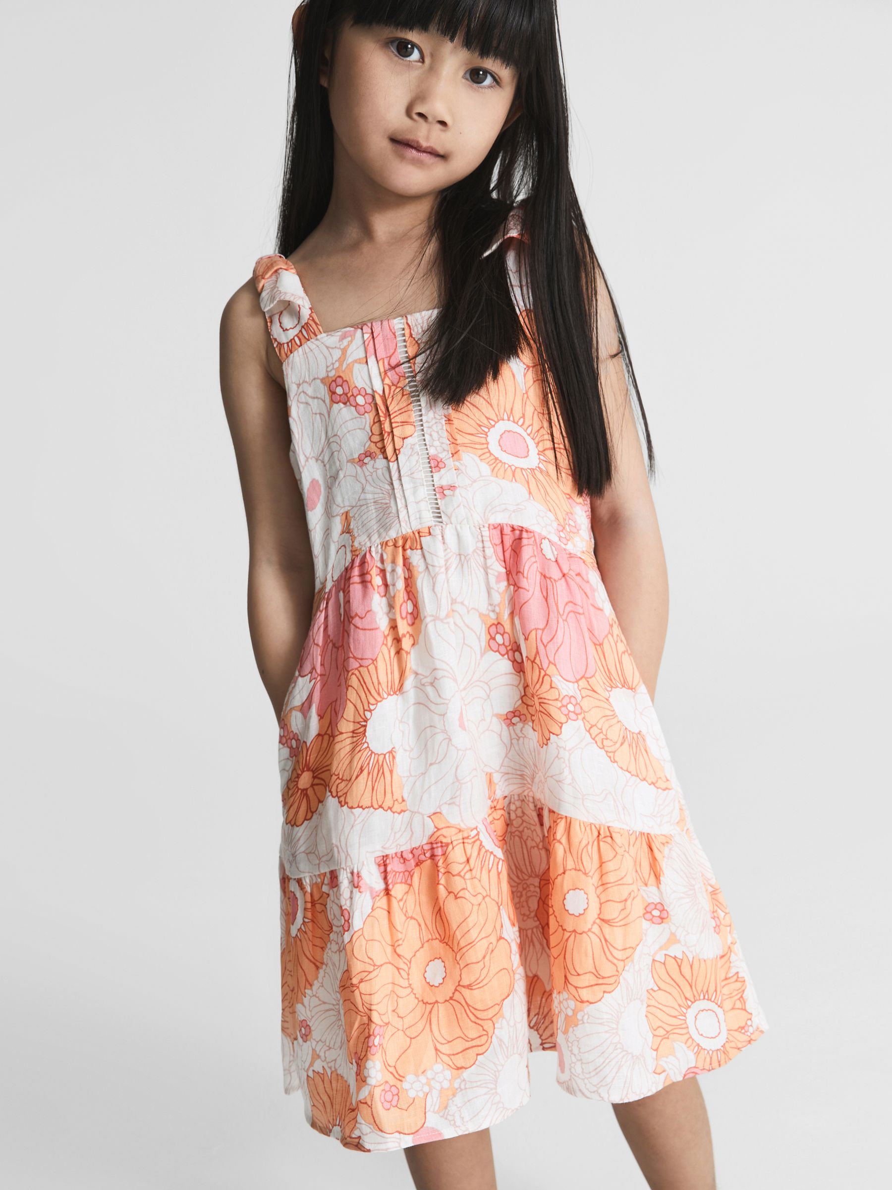 Printed Tie Shoulder Mini Dress in Orange Print - Image 1 of 7