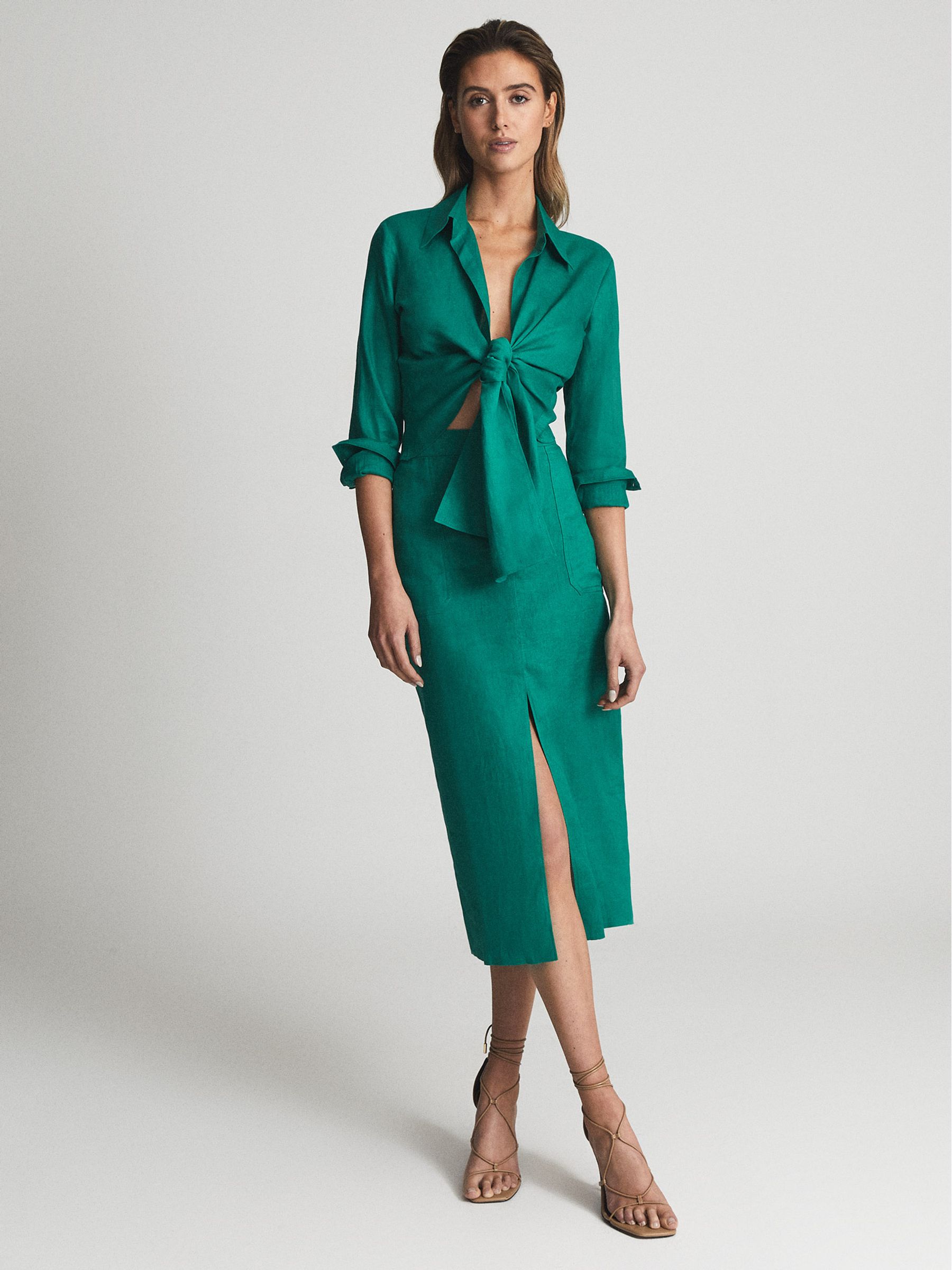 Plain Tie Waist Blouse in Green - Image 1 of 6