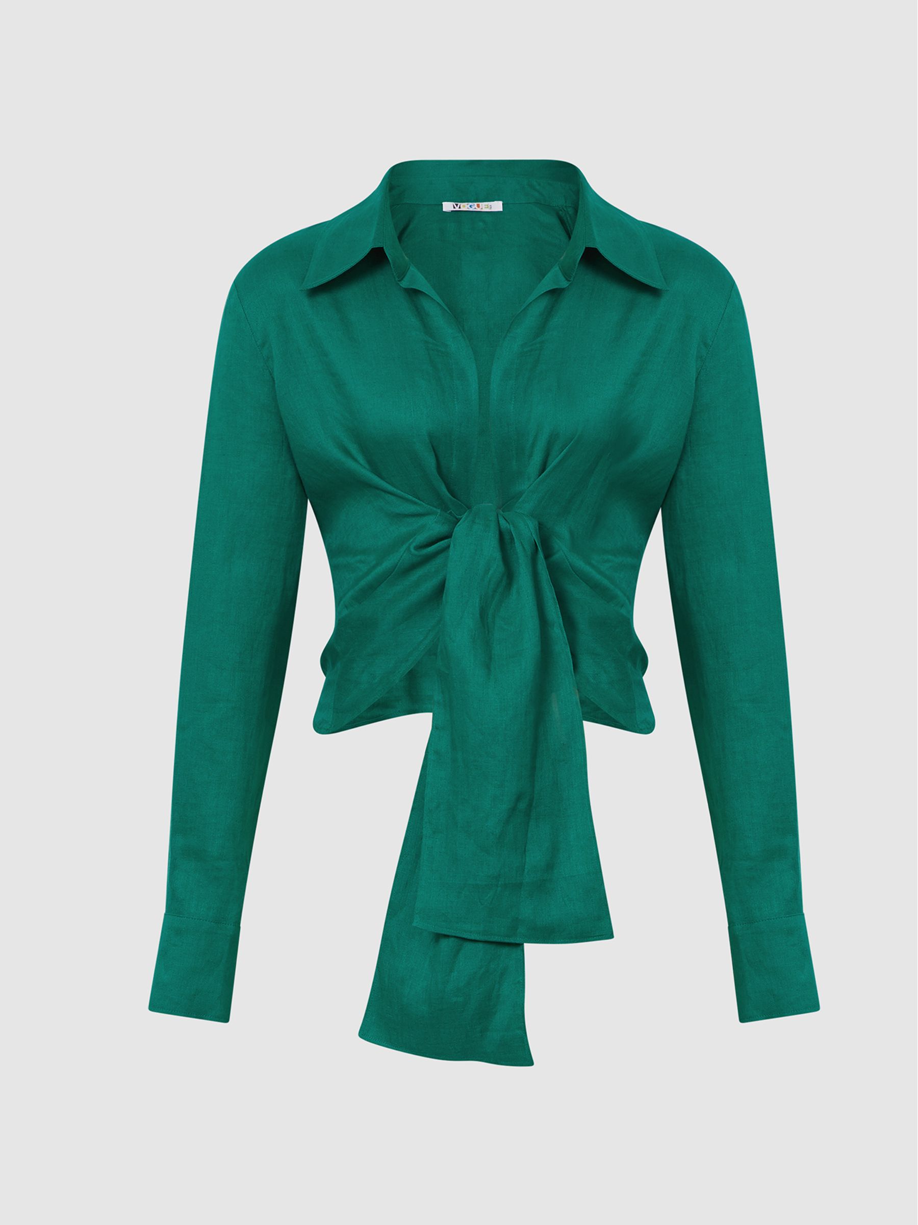 Plain Tie Waist Blouse in Green - Image 2 of 6