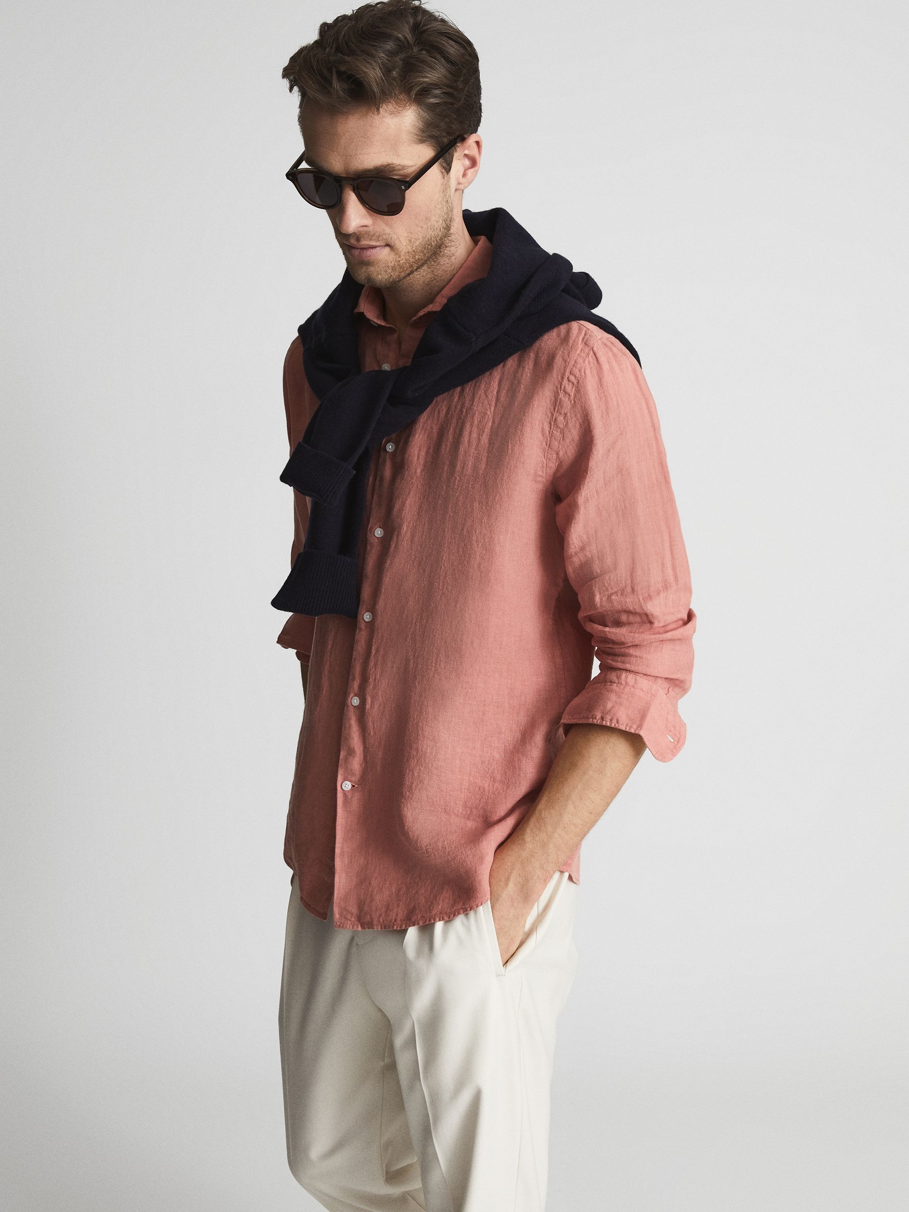 Linen Button-Through Shirt in Coral - Image 1 of 6