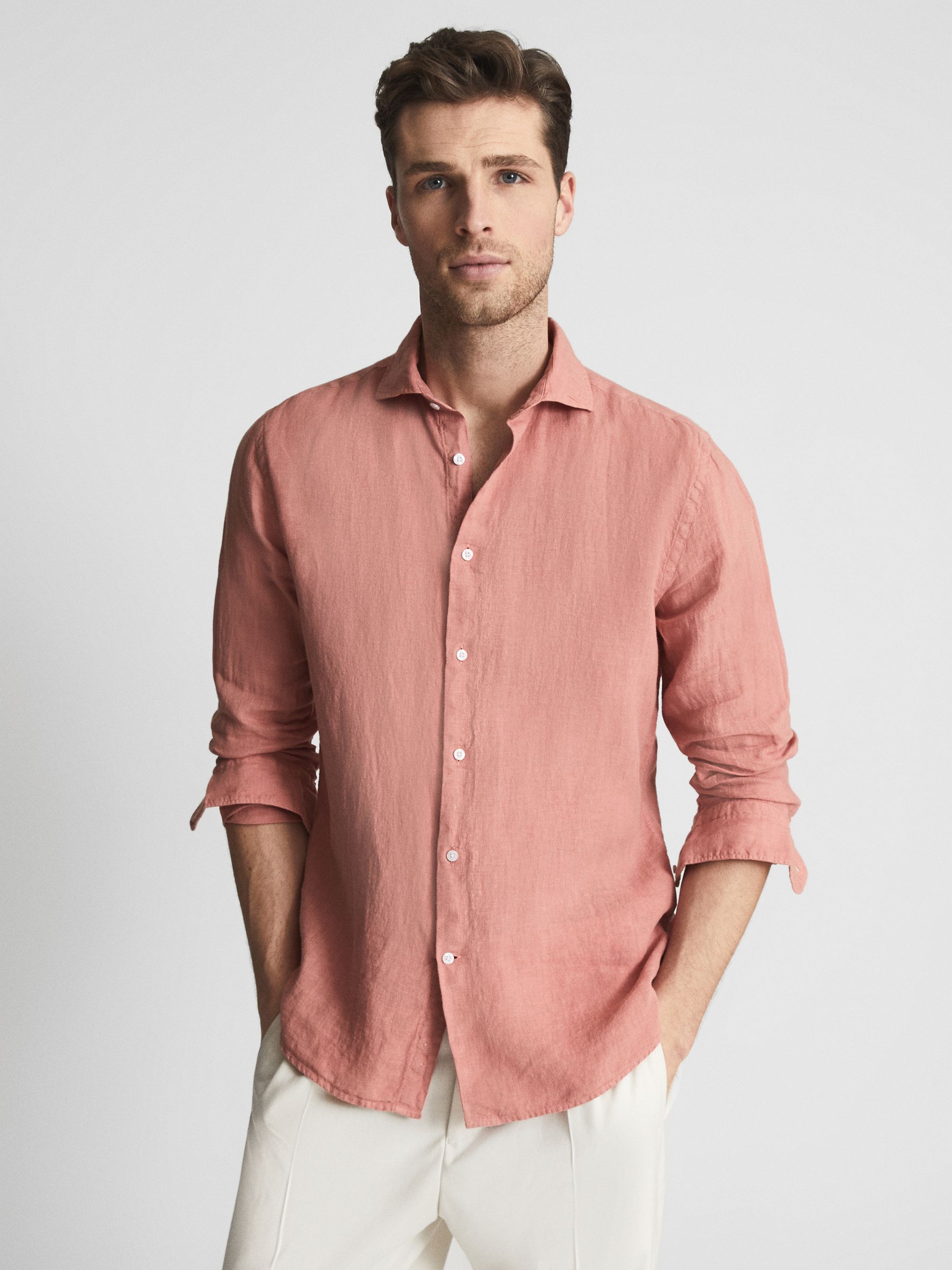 Linen Button-Through Shirt in Coral - Image 4 of 6