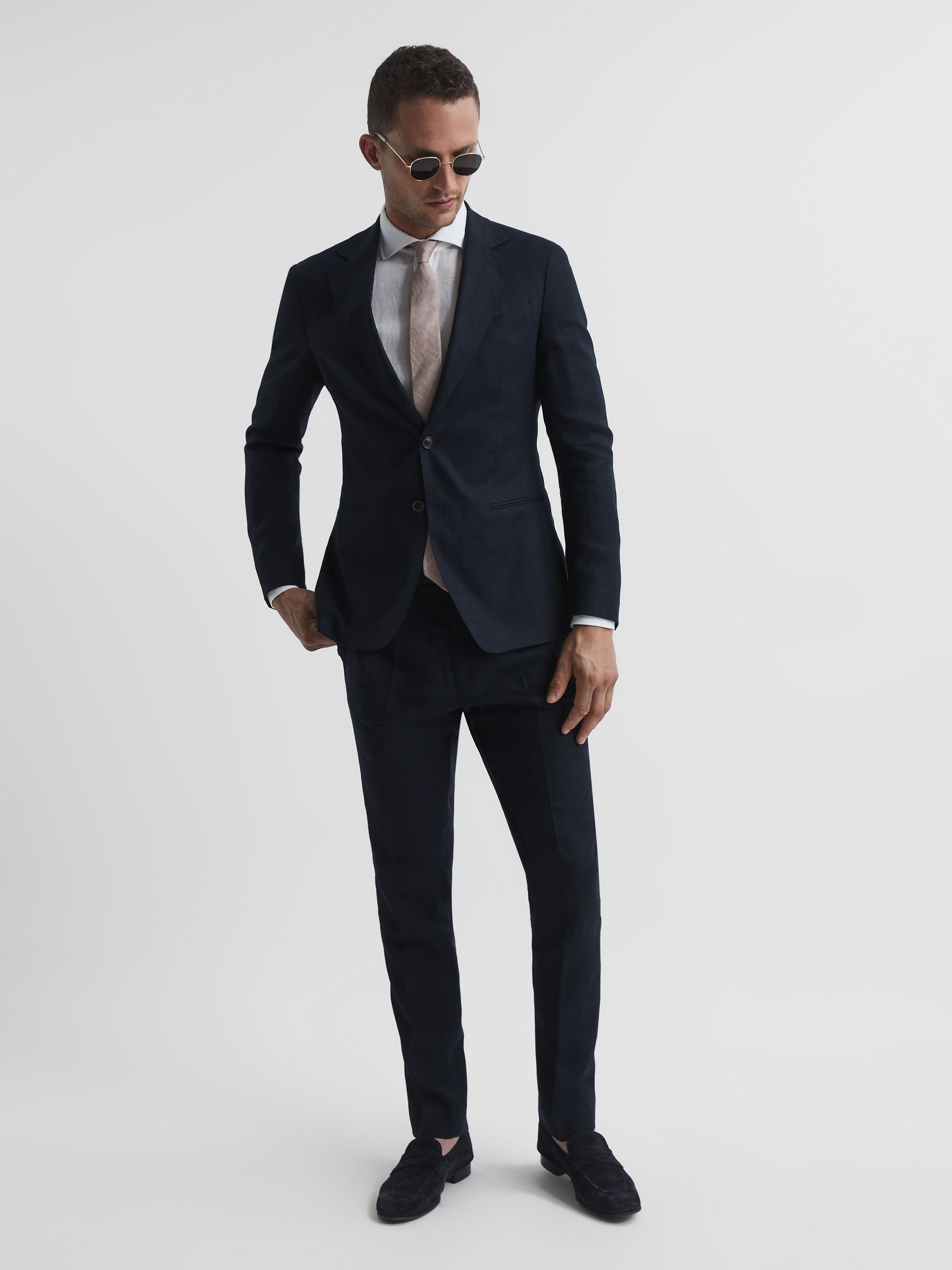 Slim Fit Single Breasted Linen Blazer in Navy - Image 1 of 11