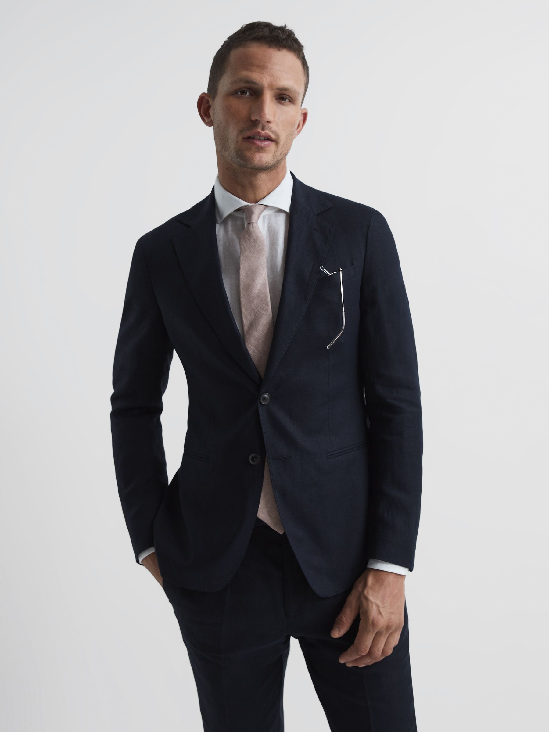 Slim Fit Single Breasted Linen Blazer in Navy - Image 3 of 11