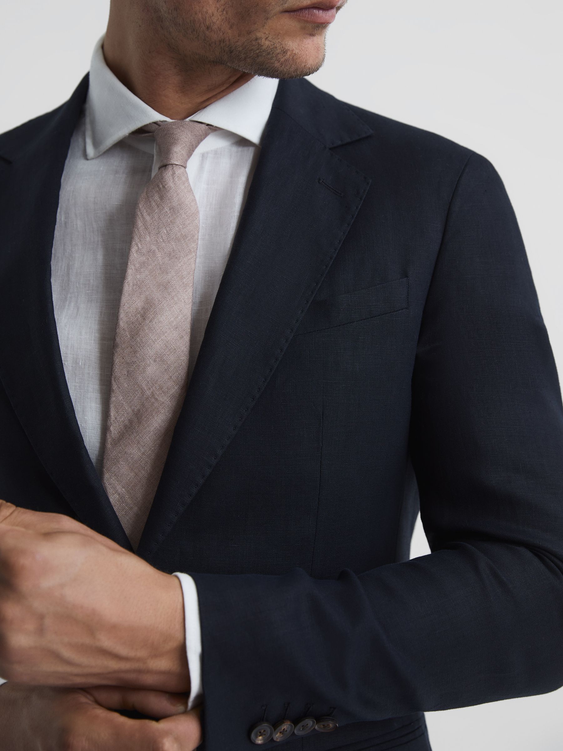 Slim Fit Single Breasted Linen Blazer in Navy - Image 4 of 11