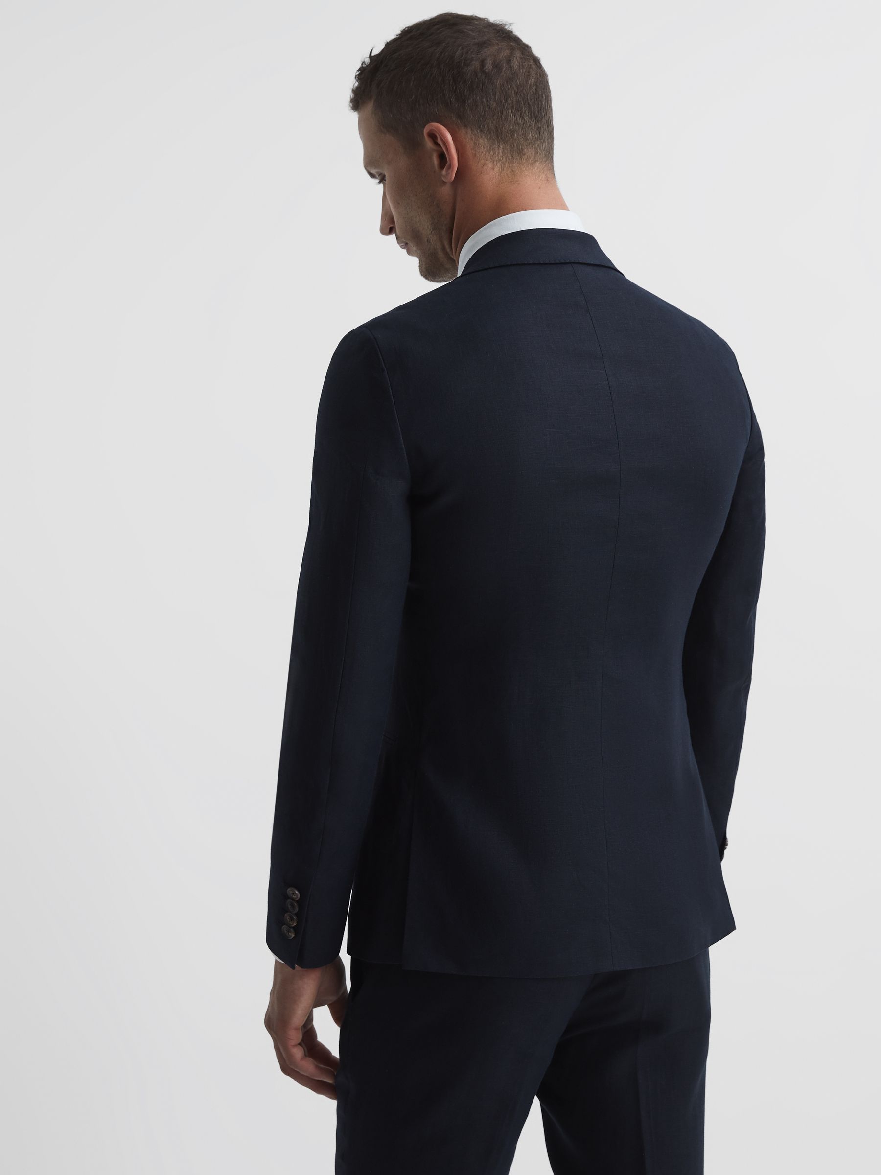 Slim Fit Single Breasted Linen Blazer in Navy - Image 5 of 11