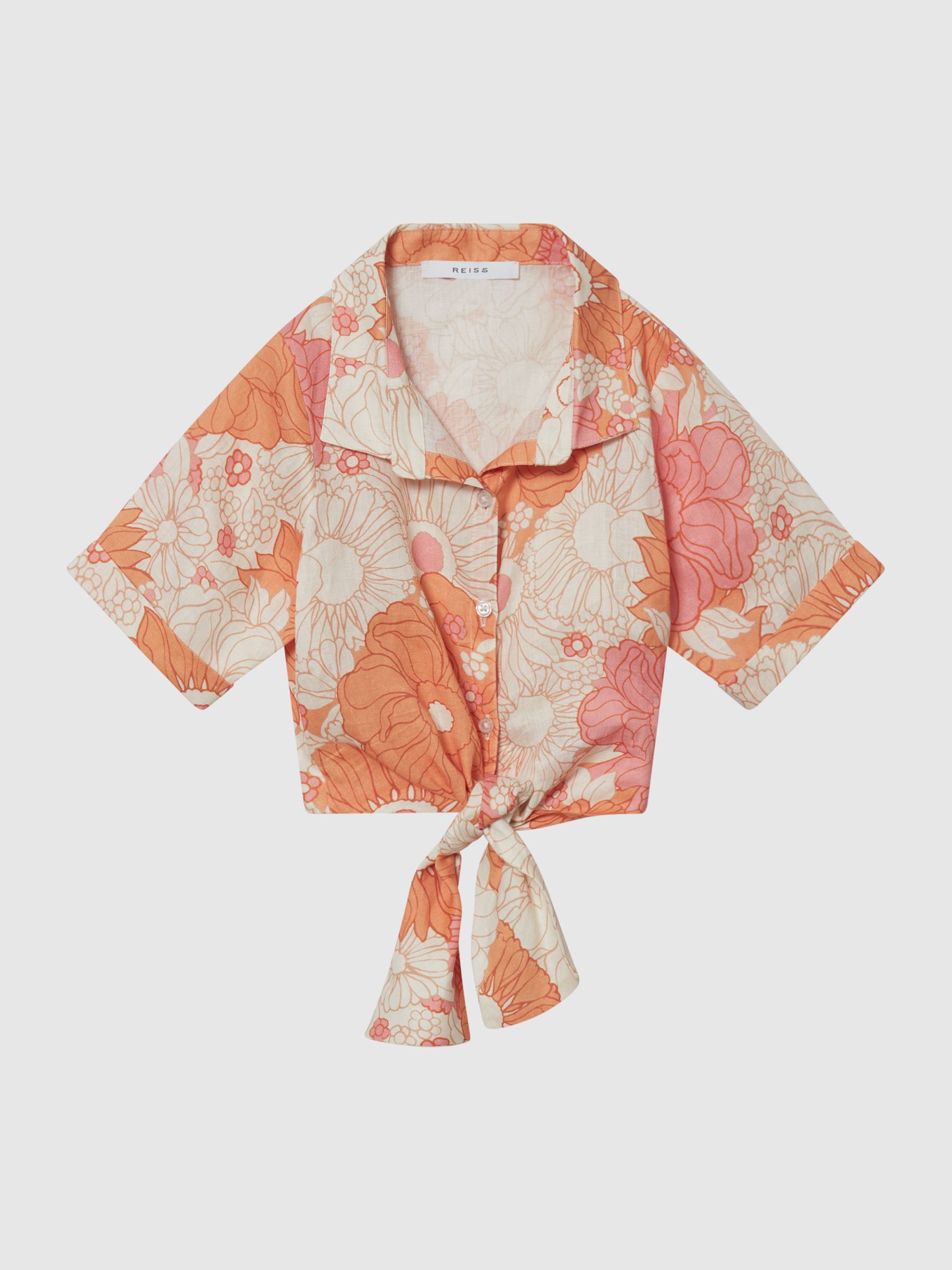 Tie Front Linen Shirt in Orange Print - Image 2 of 6