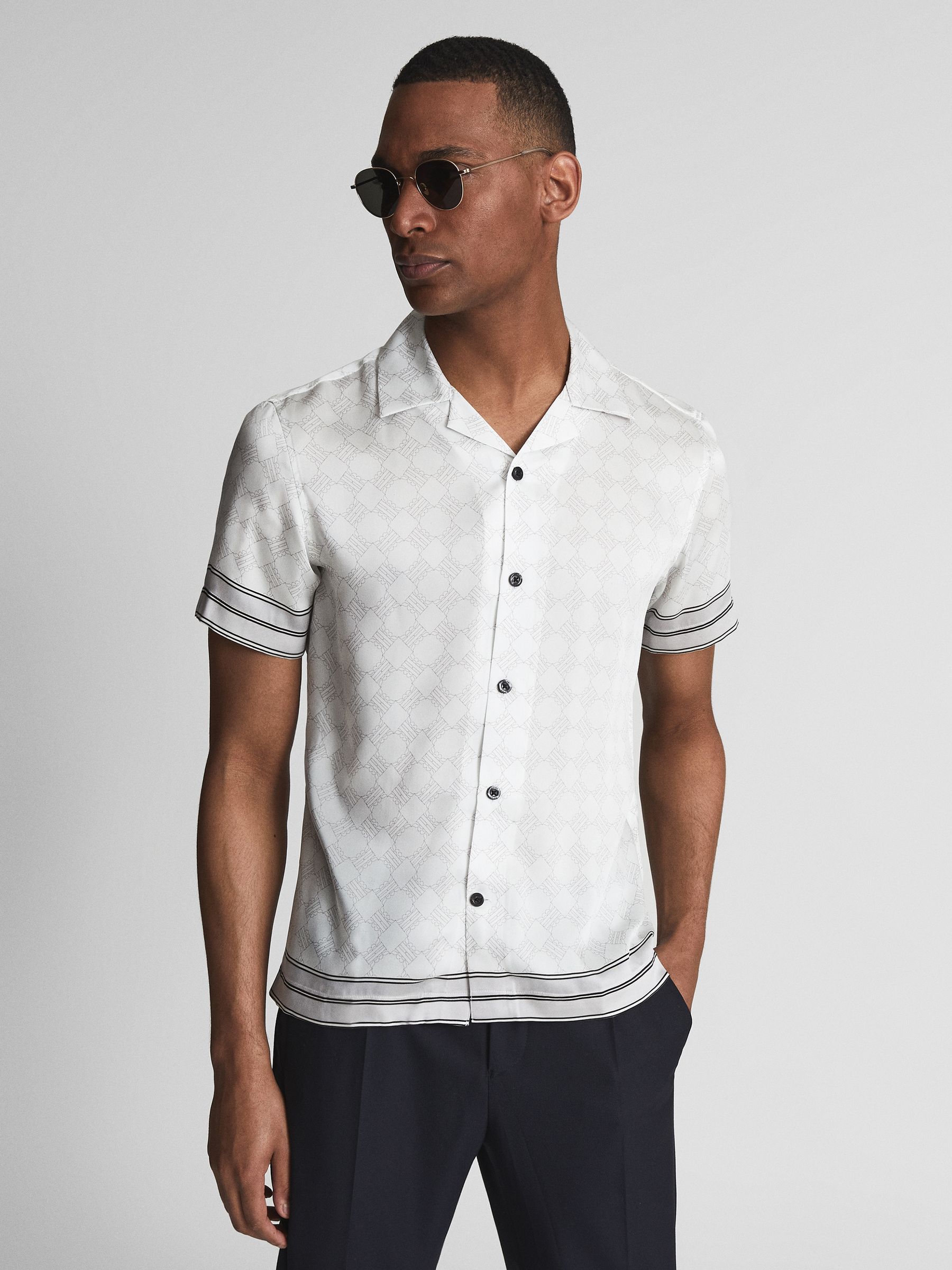 Bloom Print Cuban Collar Shirt in Soft Grey - Image 1 of 5