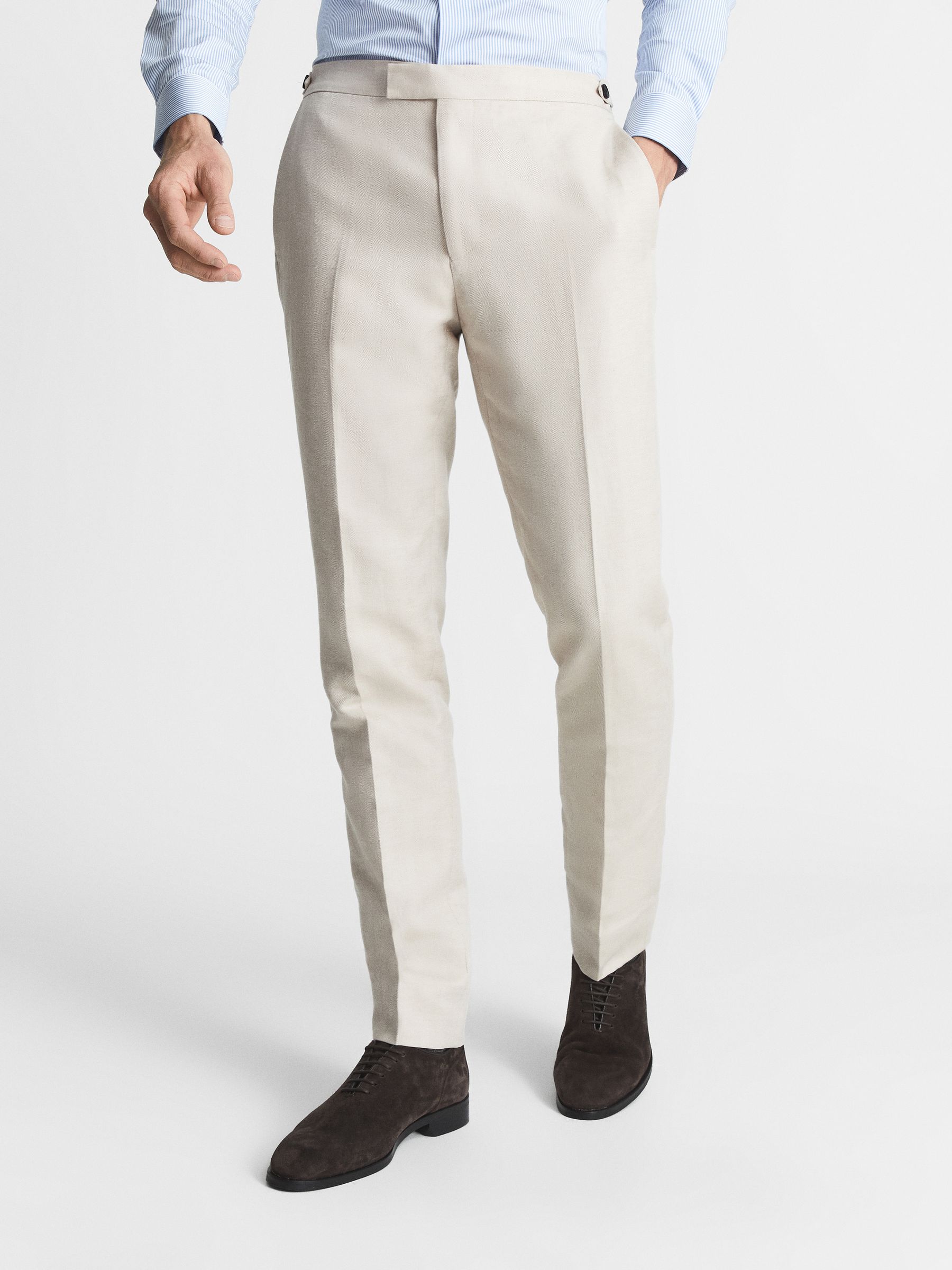 Tailored Herringbone Trousers in Stone - Image 1 of 5