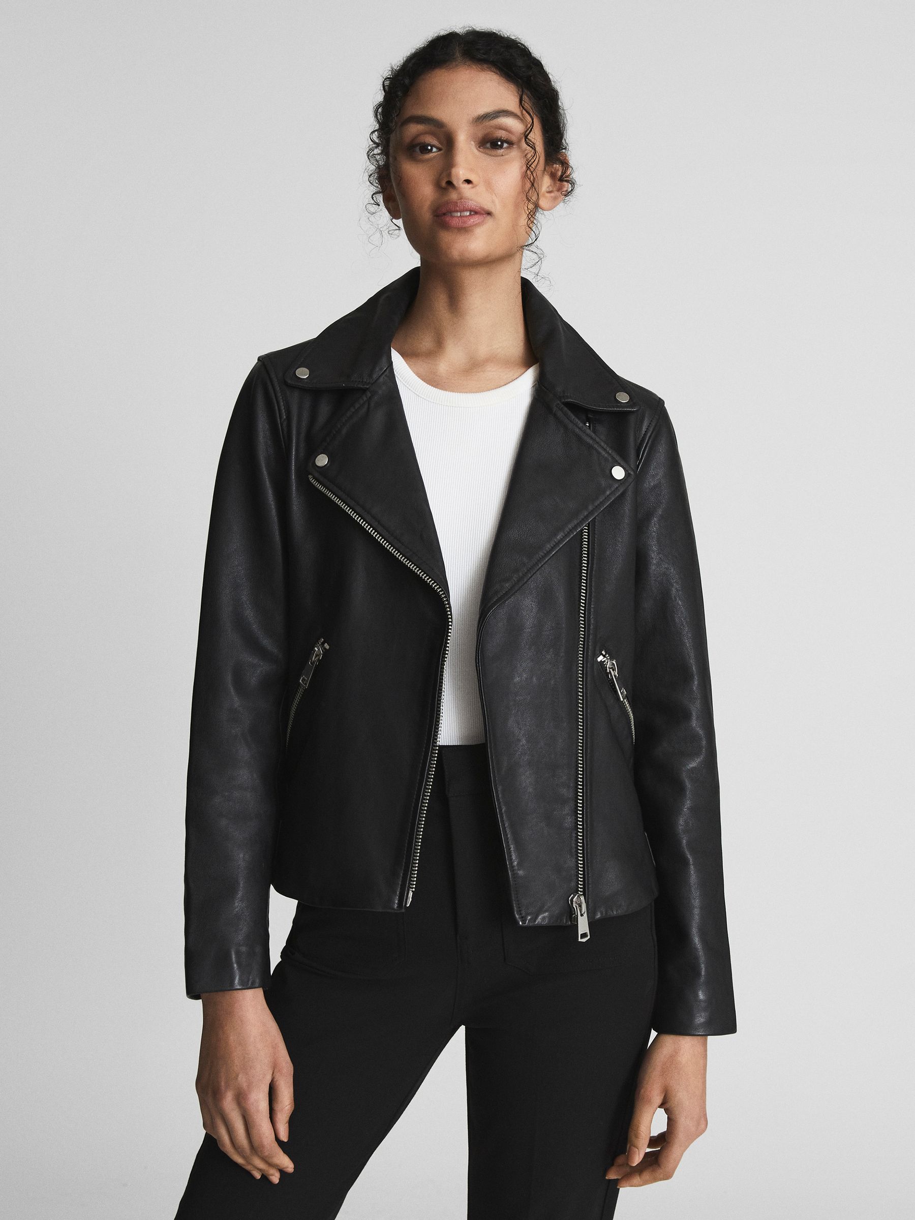 Leather Biker Jacket in Black - Image 1 of 6 Leather Biker Jacket in Black - Image 1 of 6