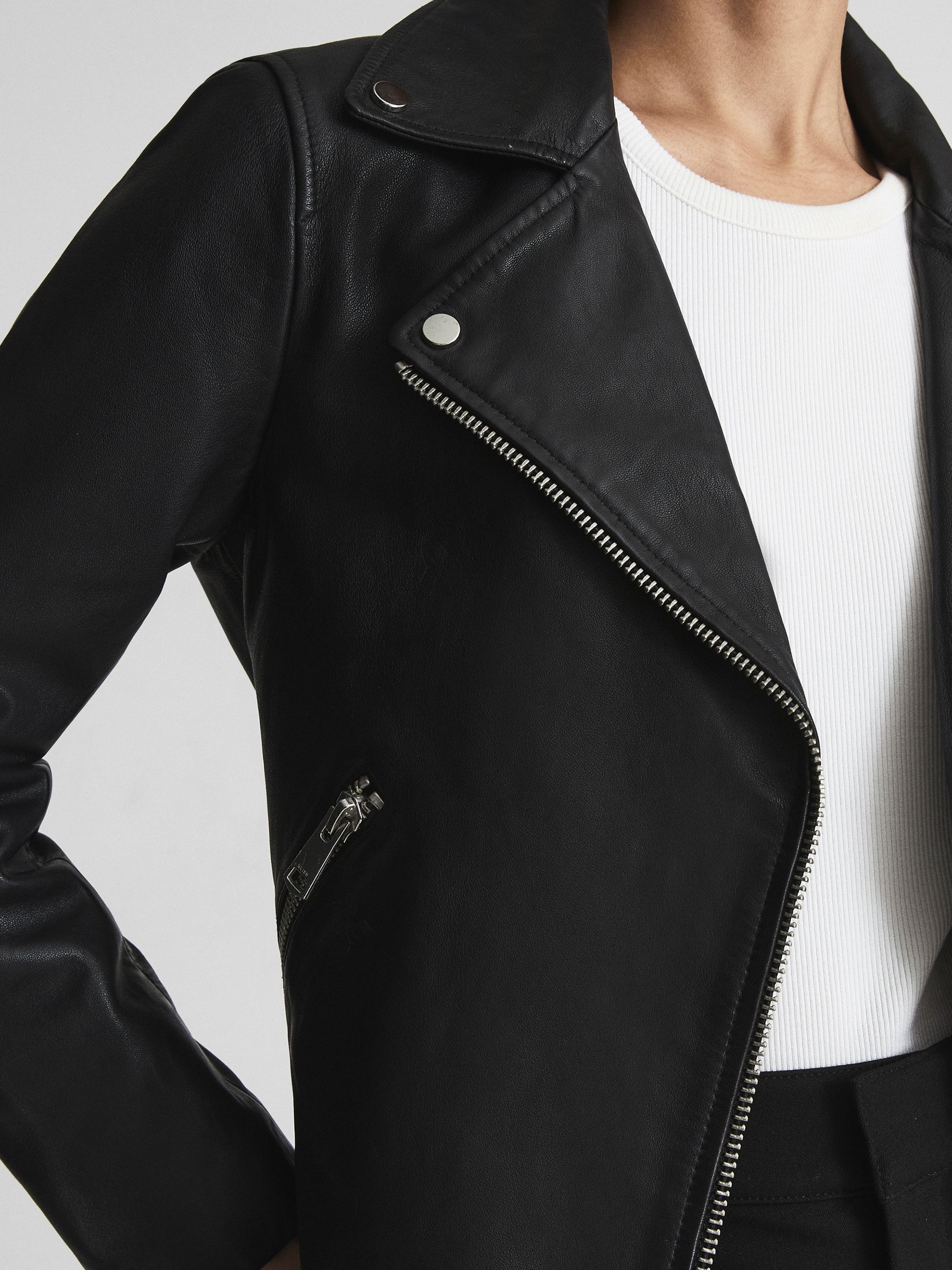 REISS ブラックレザージャケットM9号 Reiss Leather Biker Jacket in Black | REISS