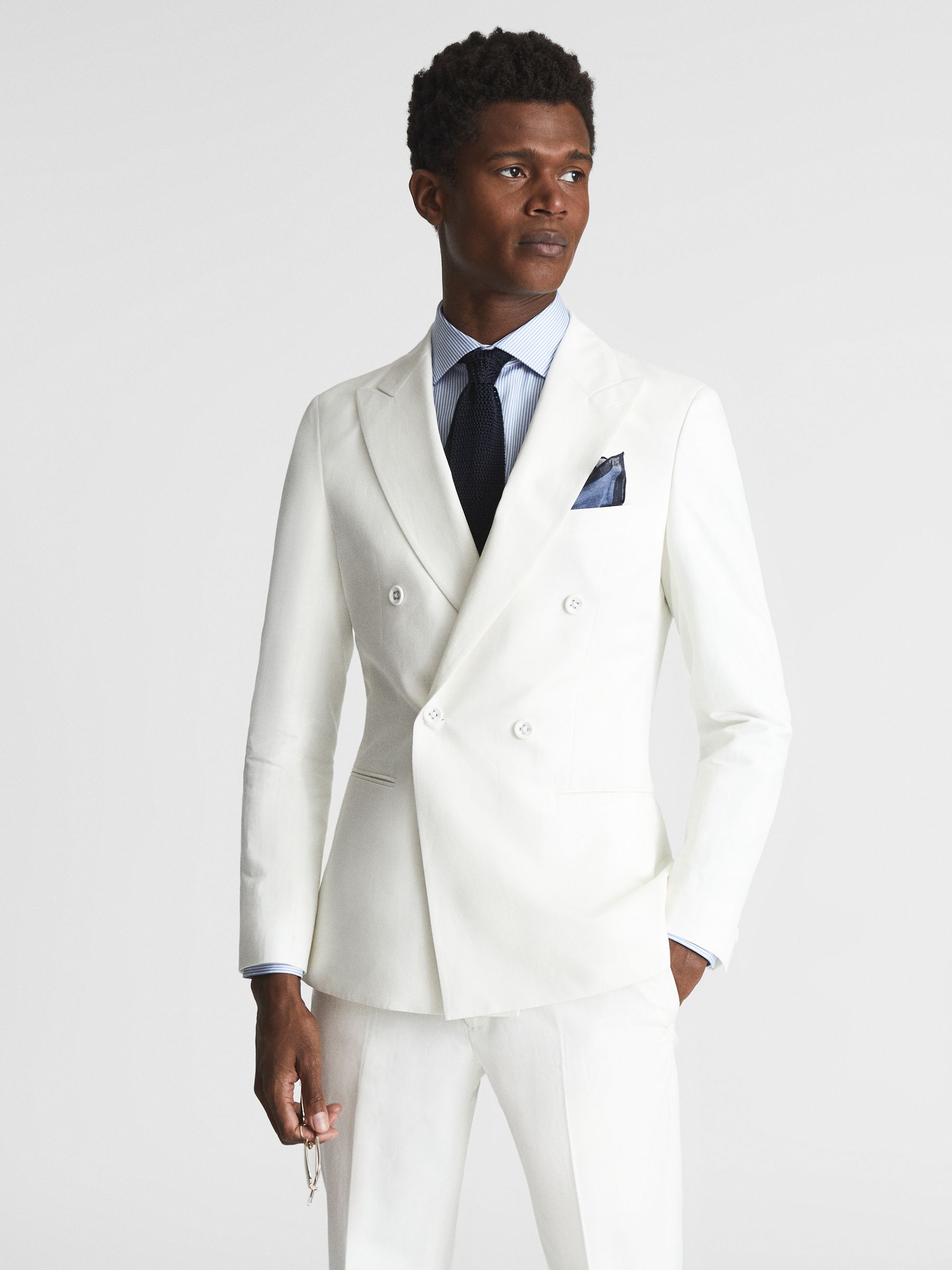 Double Breasted Linen Slim Fit Blazer in White - Image 1 of 6