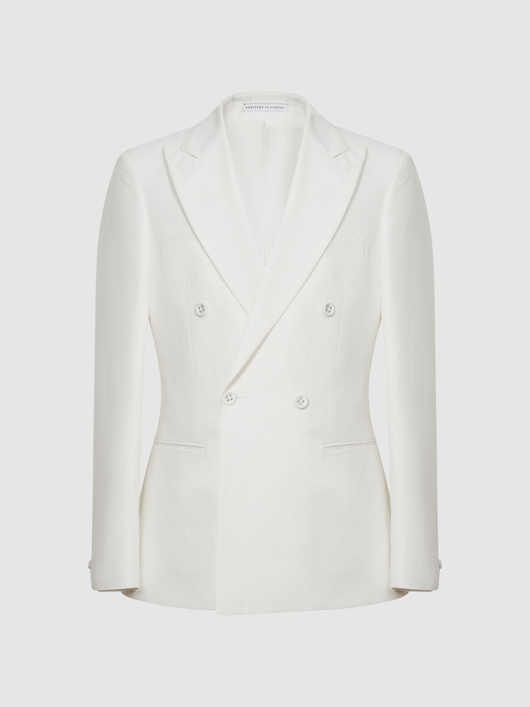 Reiss Double Breasted Linen Slim Fit Blazer in White | REISS