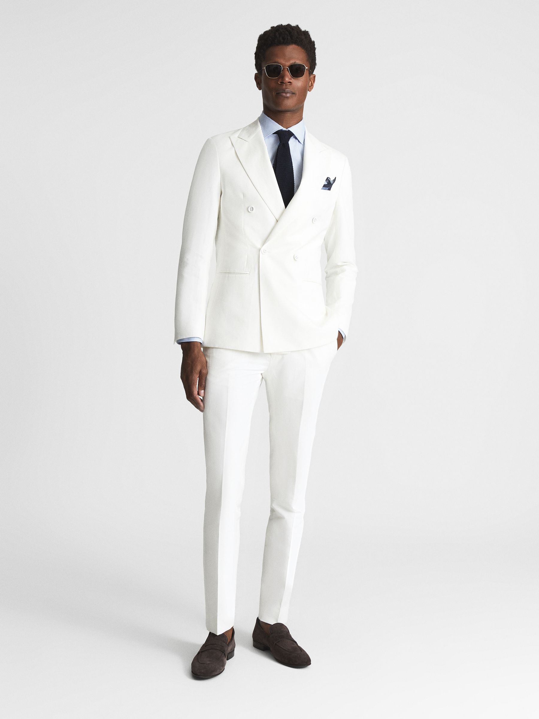 Double Breasted Linen Slim Fit Blazer in White - Image 3 of 6