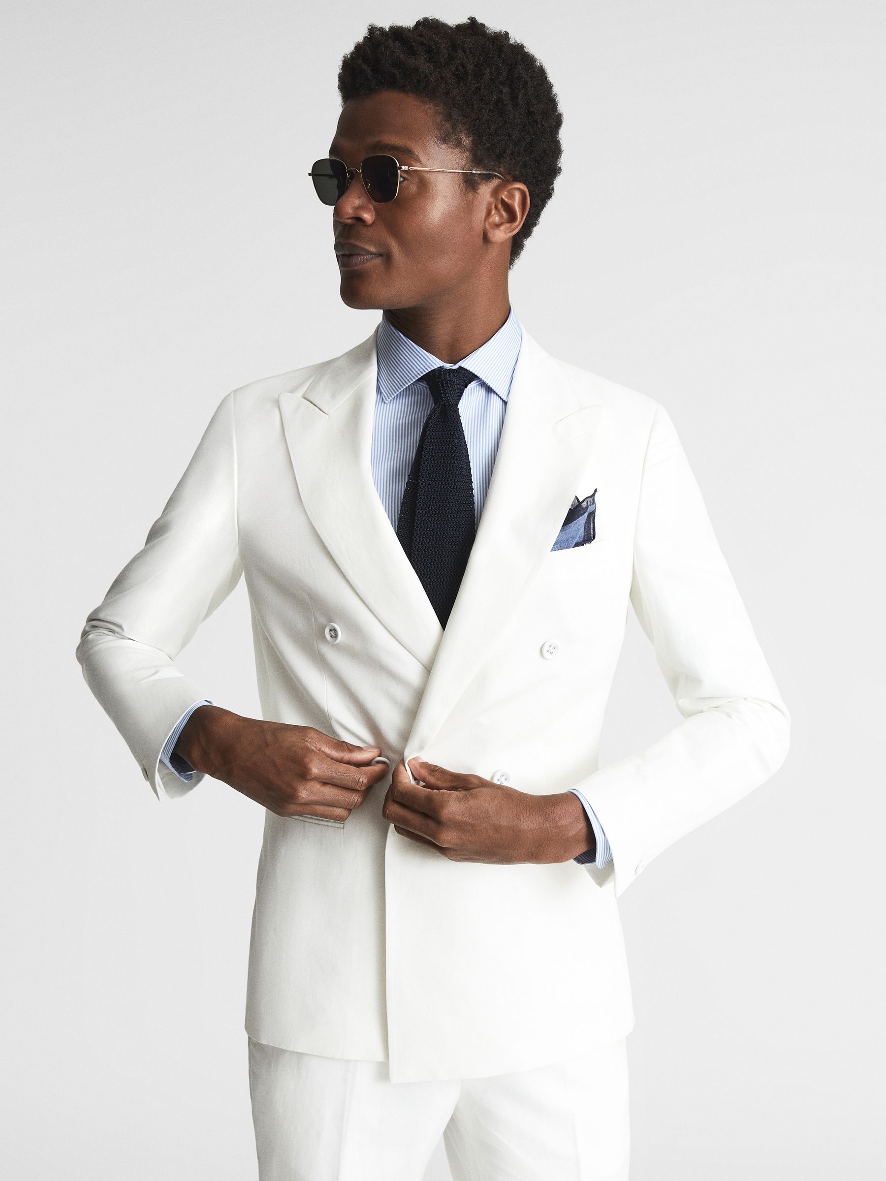 Reiss Double Breasted Linen Slim Fit Blazer in White | REISS