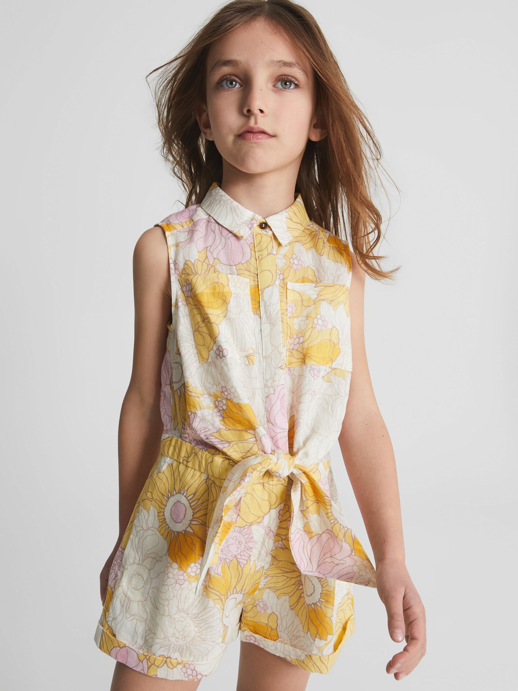Reiss Printed Linen Playsuit in Yellow Print REISS