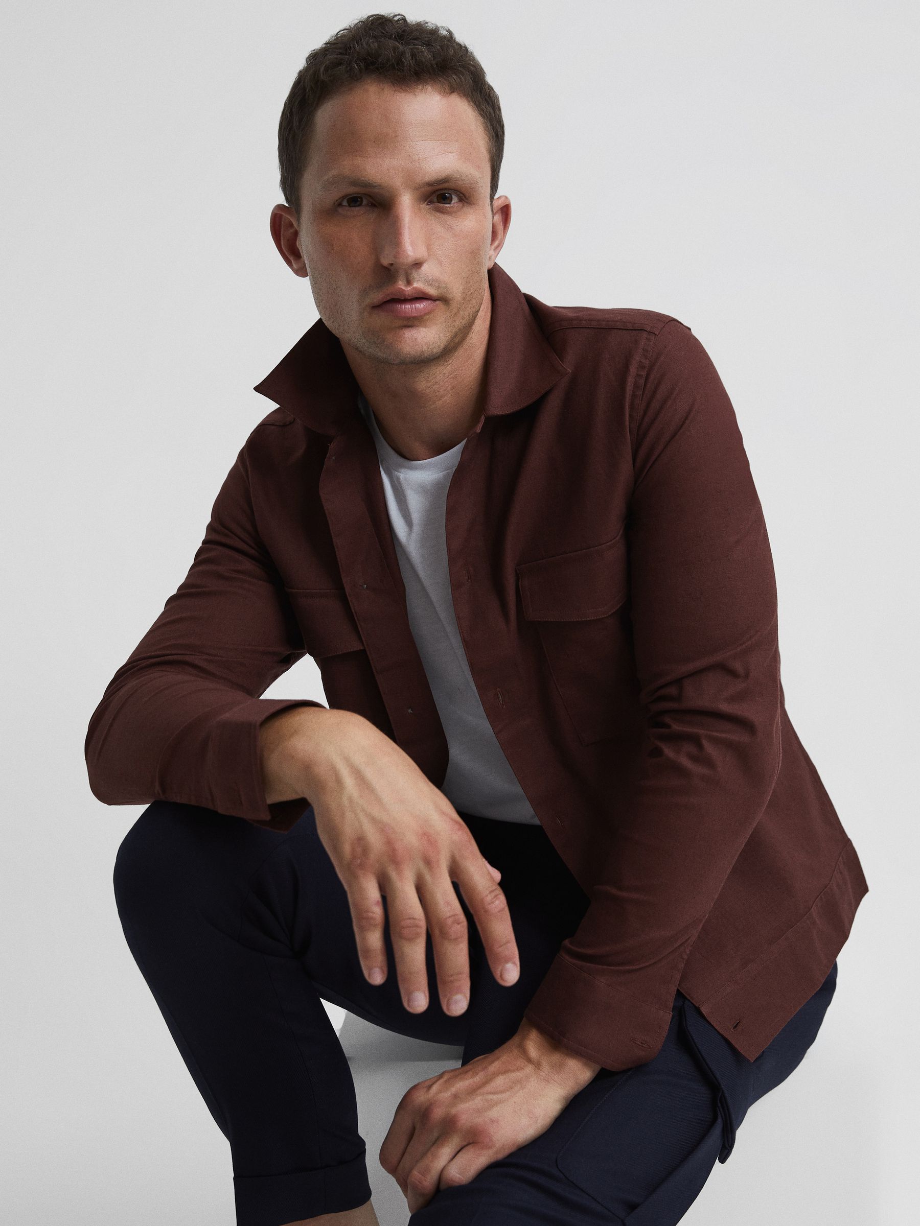 Linen Blend Twin Pocket Overshirt in Sienna - Image 1 of 6