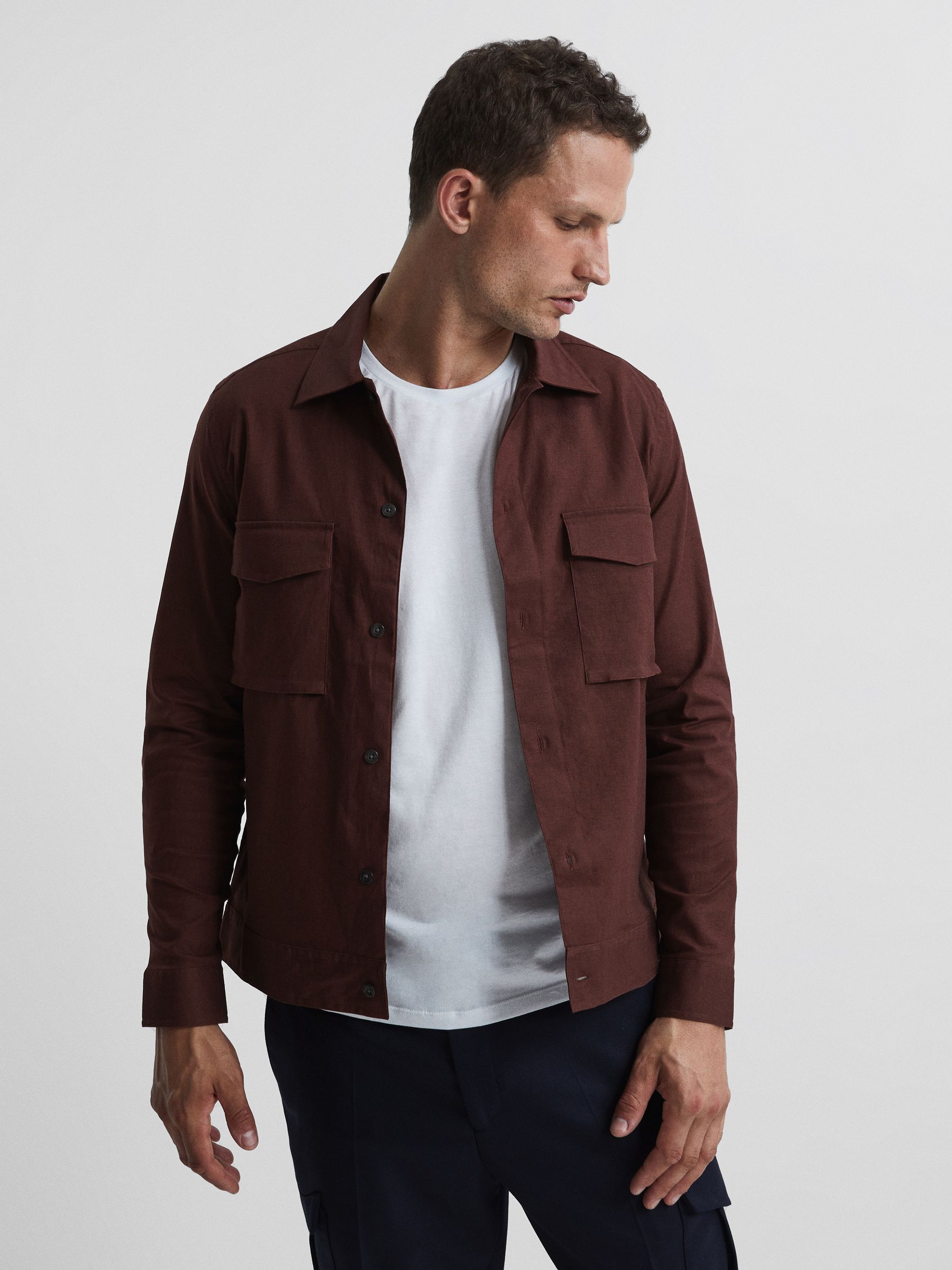 Linen Blend Twin Pocket Overshirt in Sienna - Image 6 of 6