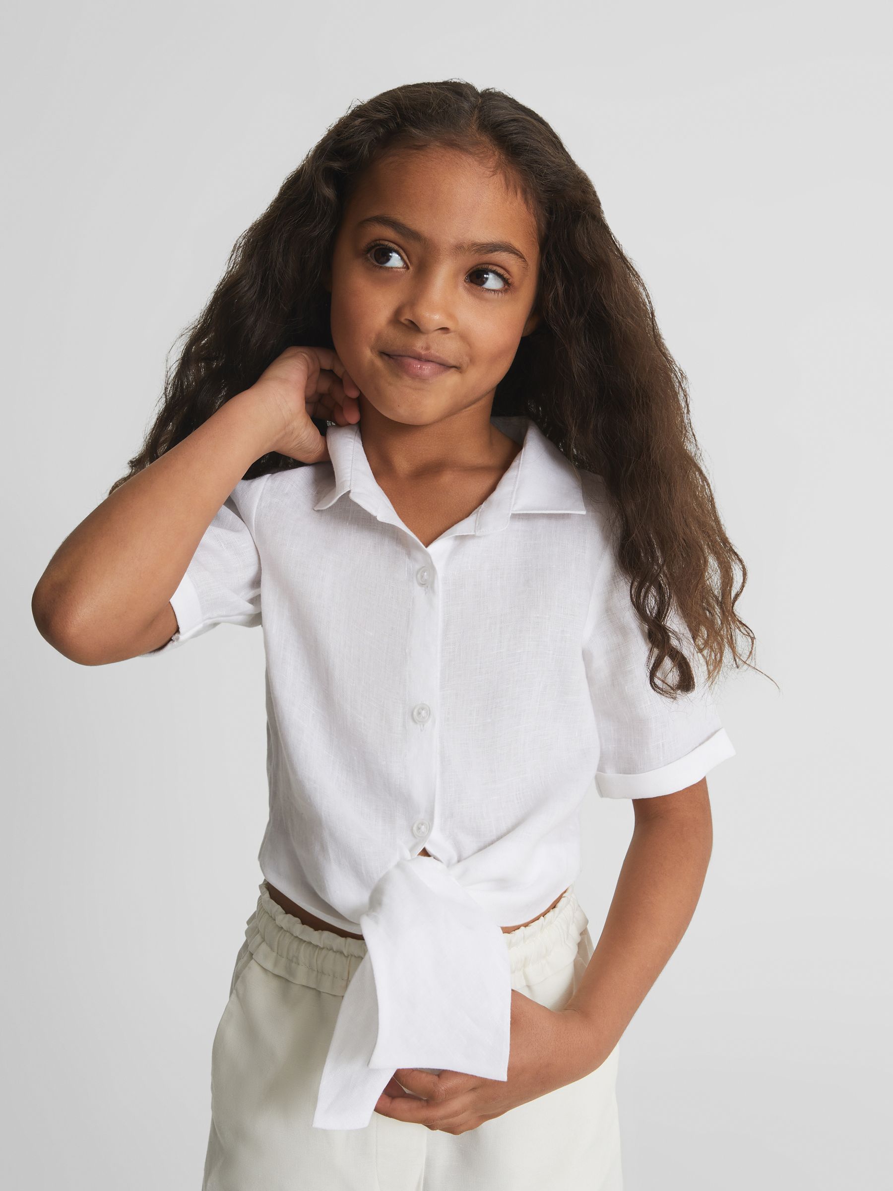 Tie Front Linen Shirt in Ivory - Image 1 of 4