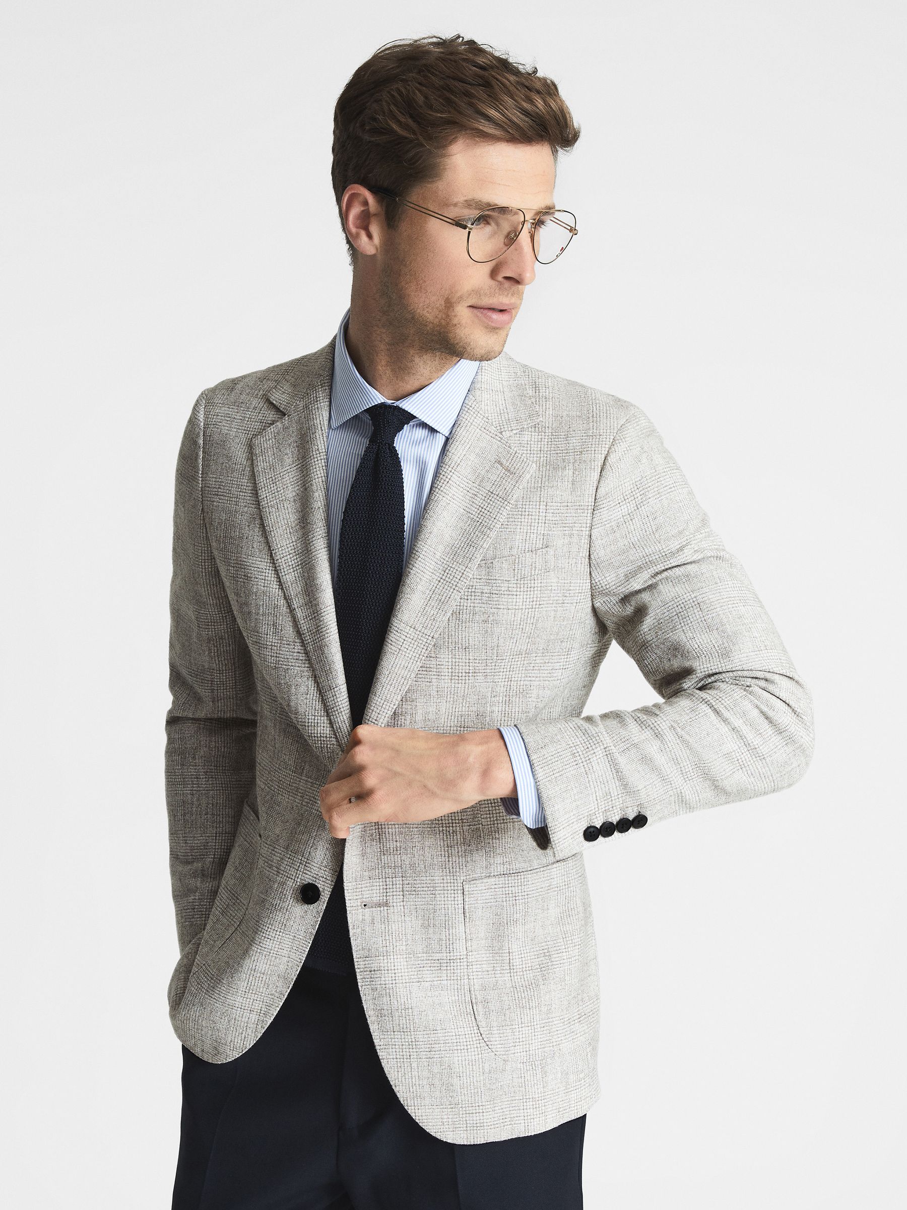 Lindhurst Oatmeal Slim Fit Single Breasted Check Blazer - Image 1 of 5