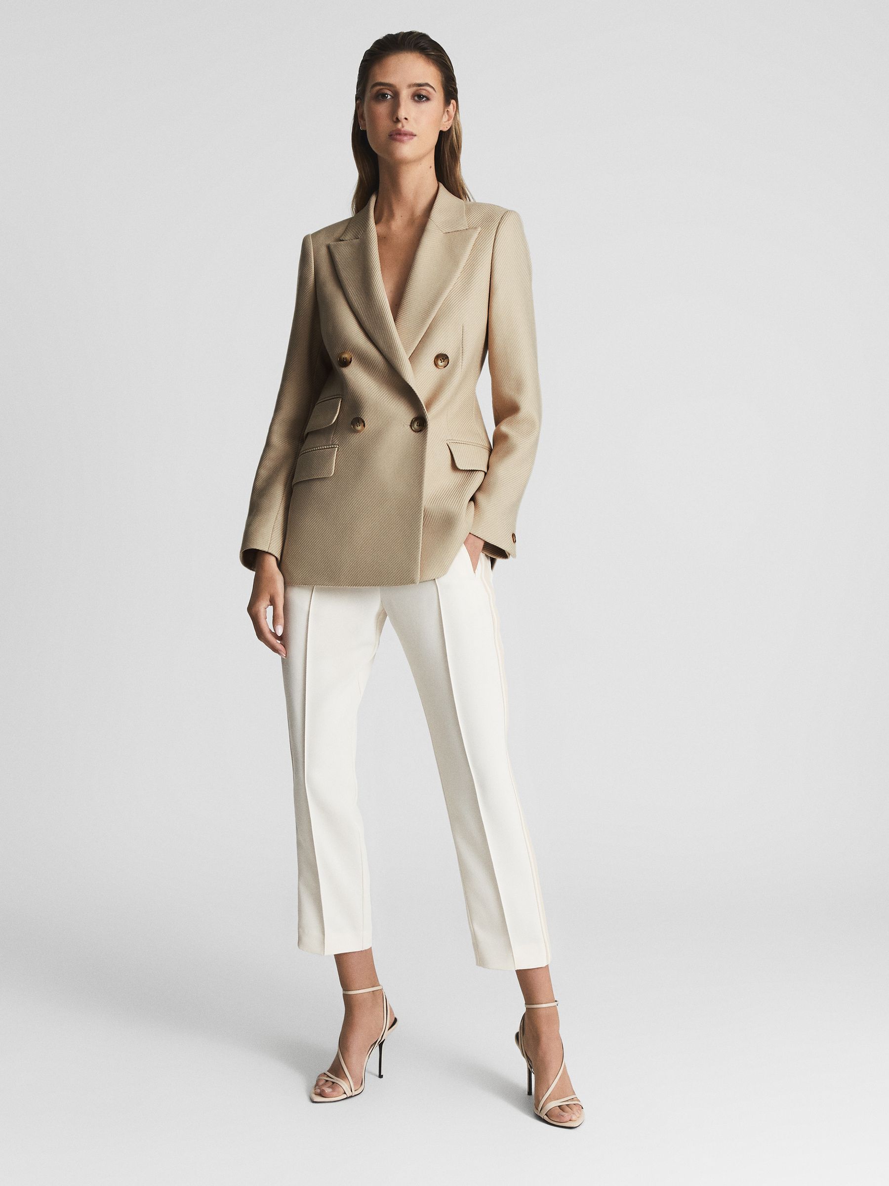 Petite Double Breasted Twill Blazer in Neutral - Image 1 of 6