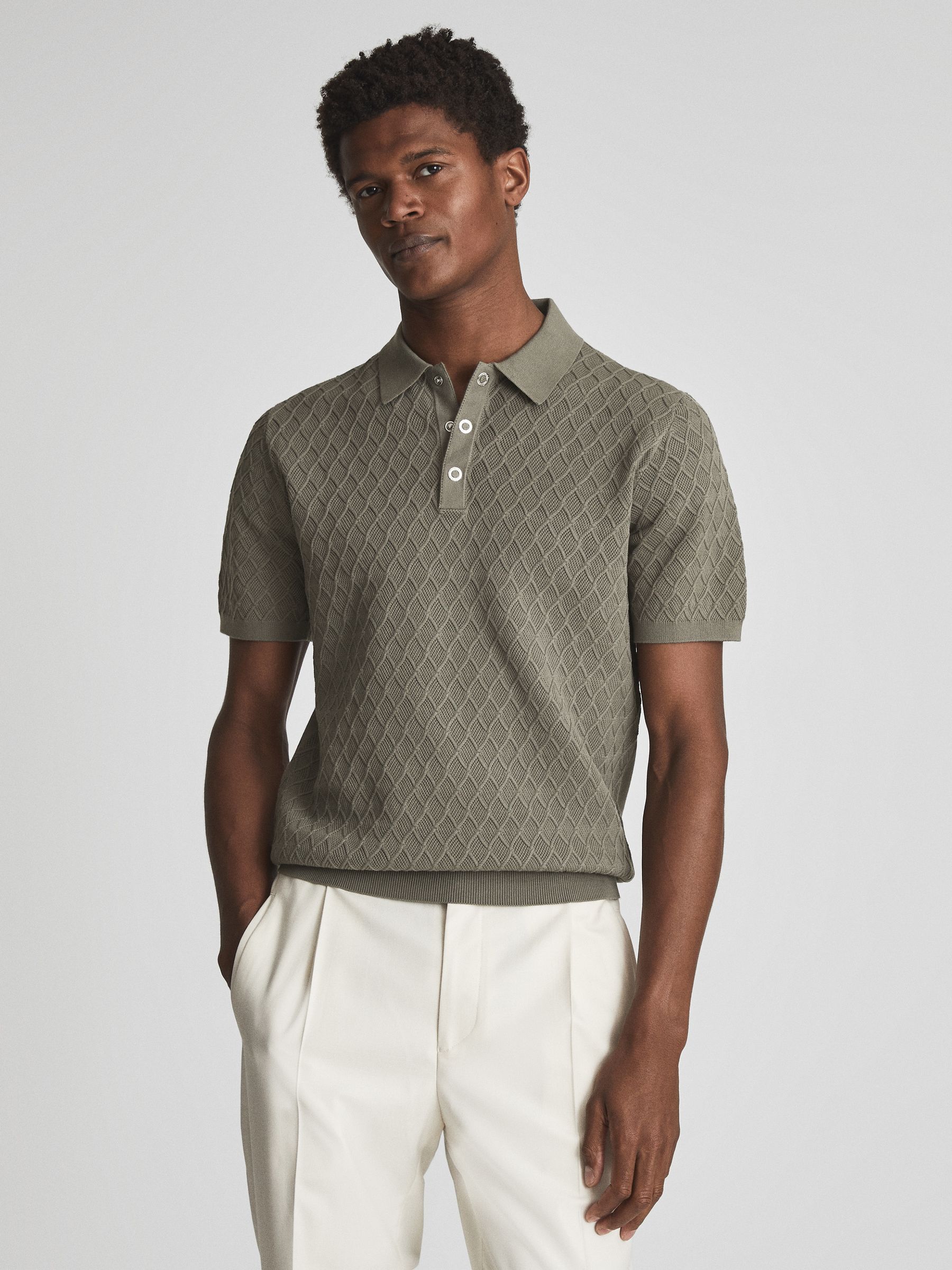 Reiss Textured Diamond Stitch Polo T-Shirt in Sage - REISS