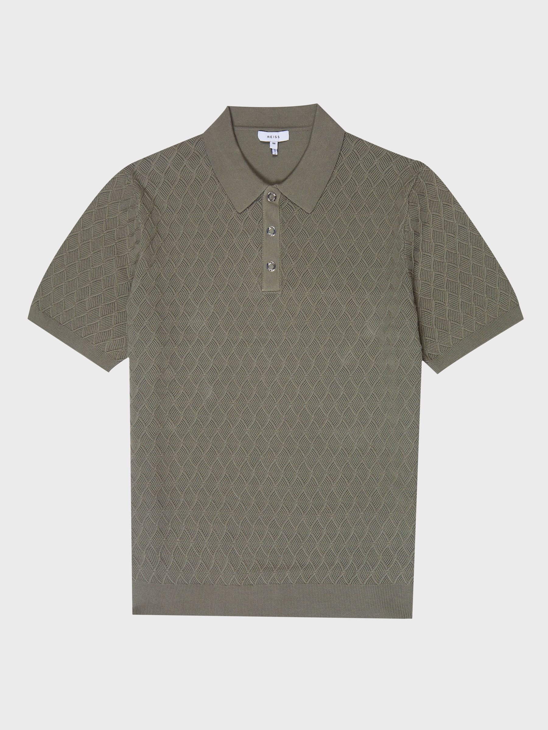 Reiss Textured Diamond Stitch Polo T-Shirt in Sage - REISS