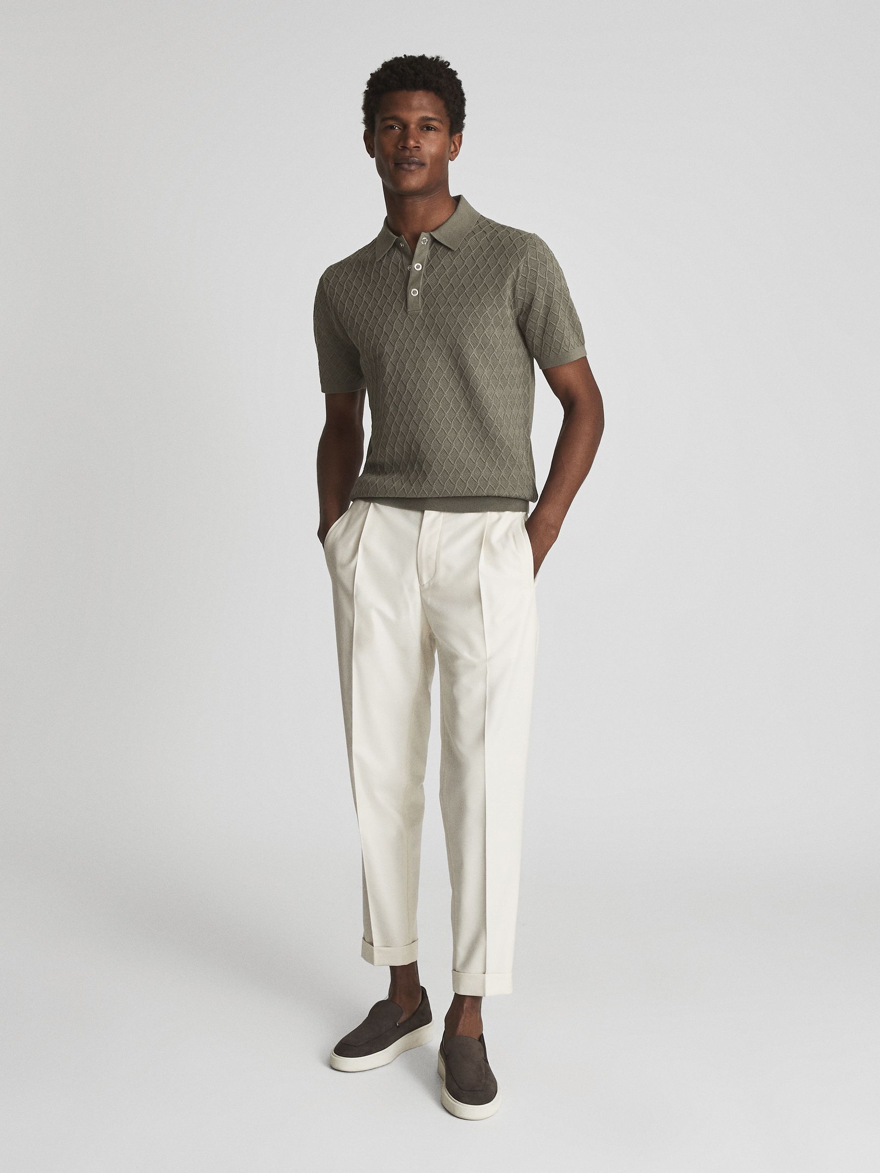 Reiss Textured Diamond Stitch Polo T-Shirt in Sage - REISS